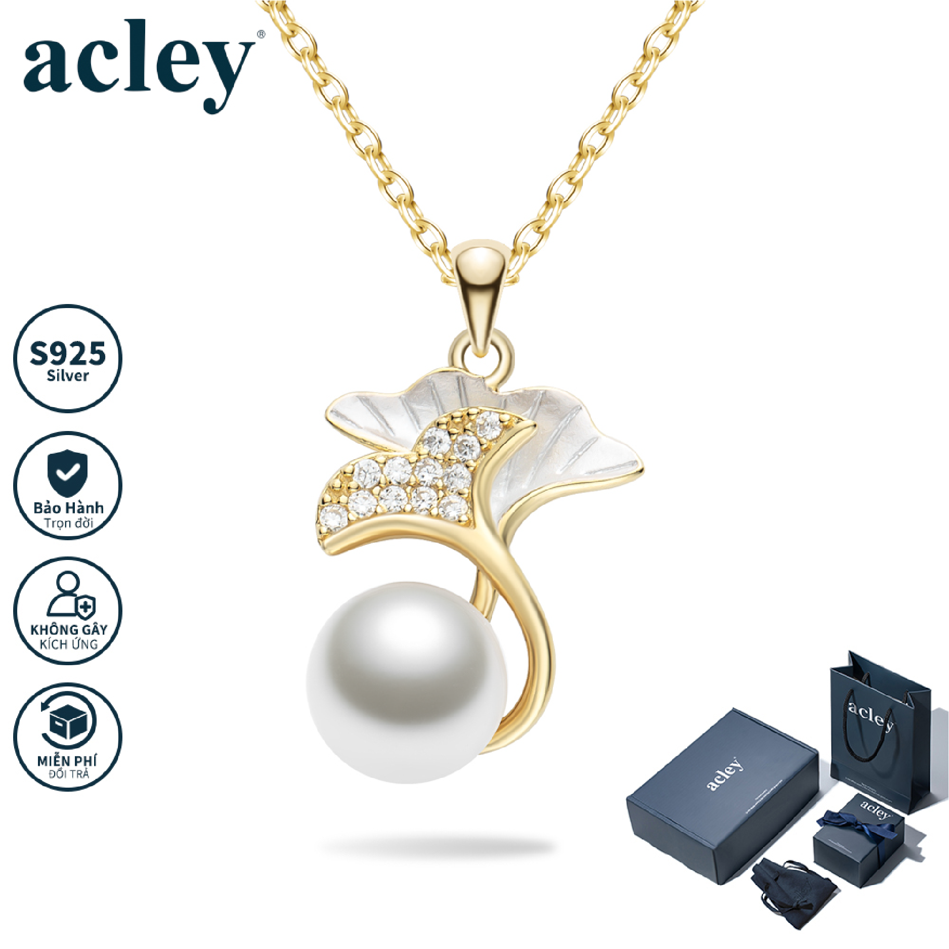 Dây chuyền Ngọc Phiến Ginkgo – Acley | Bạc S925 + Ngọc trai + Đá CZ Zirconia | KC-4839Q