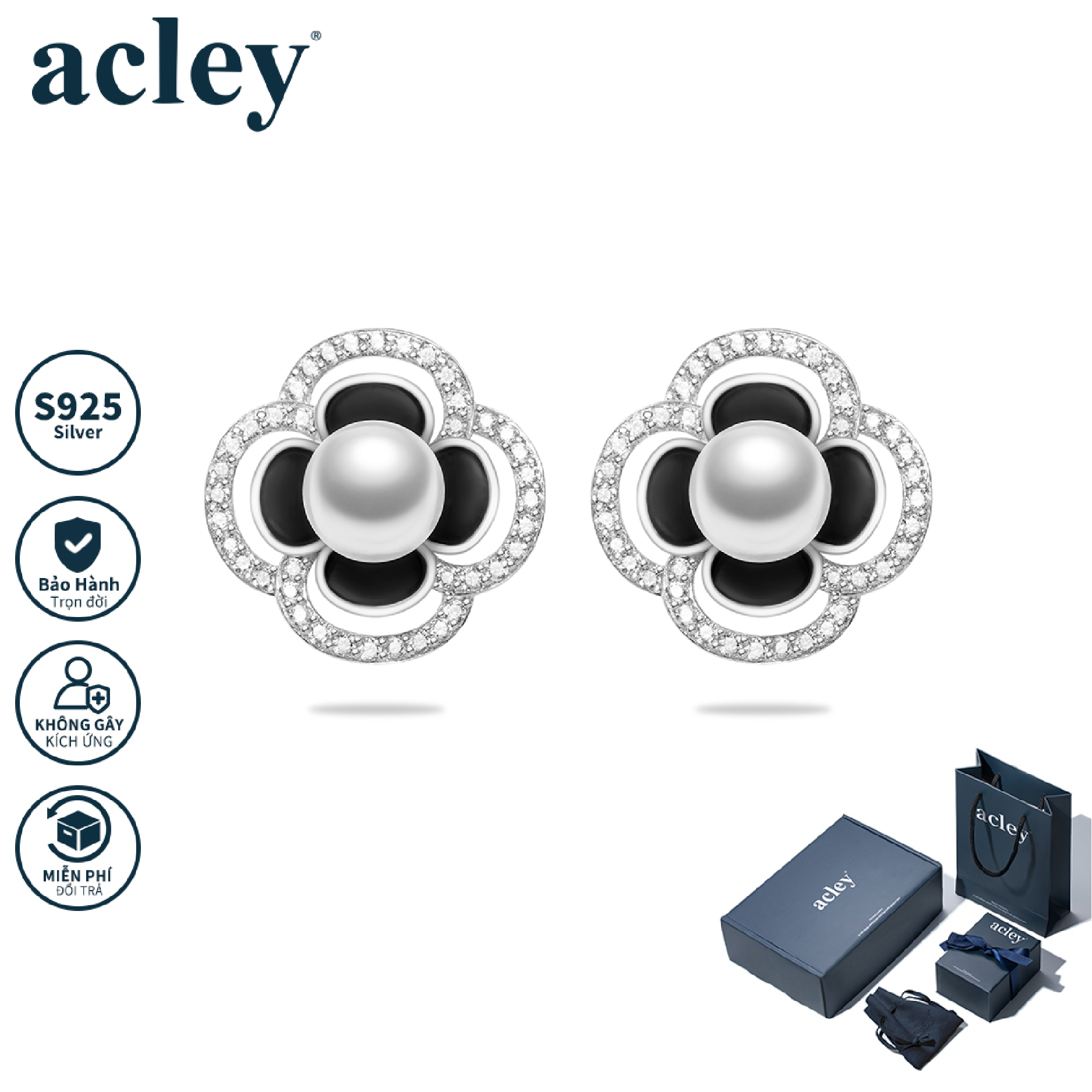 Bông tai Hoa Sơn Trà – Acley | Bạc S925 + Ngọc trai + Đá CZ Zirconia | E1009436114