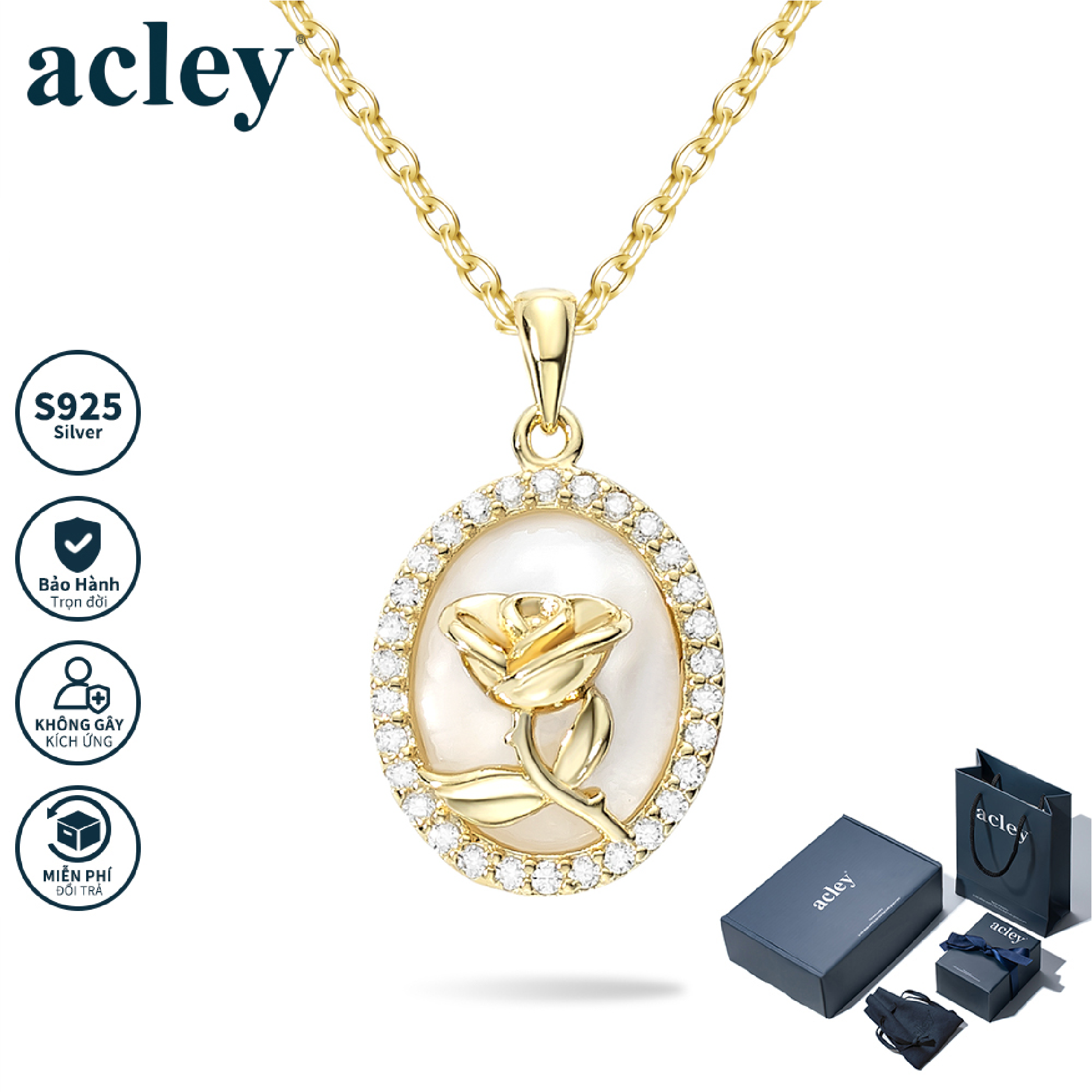 Dây chuyền Hoa Hồng Vĩnh Cửu – Acley | Bạc S925 + Xà cừ + Đá CZ Zirconia | KC-2838B