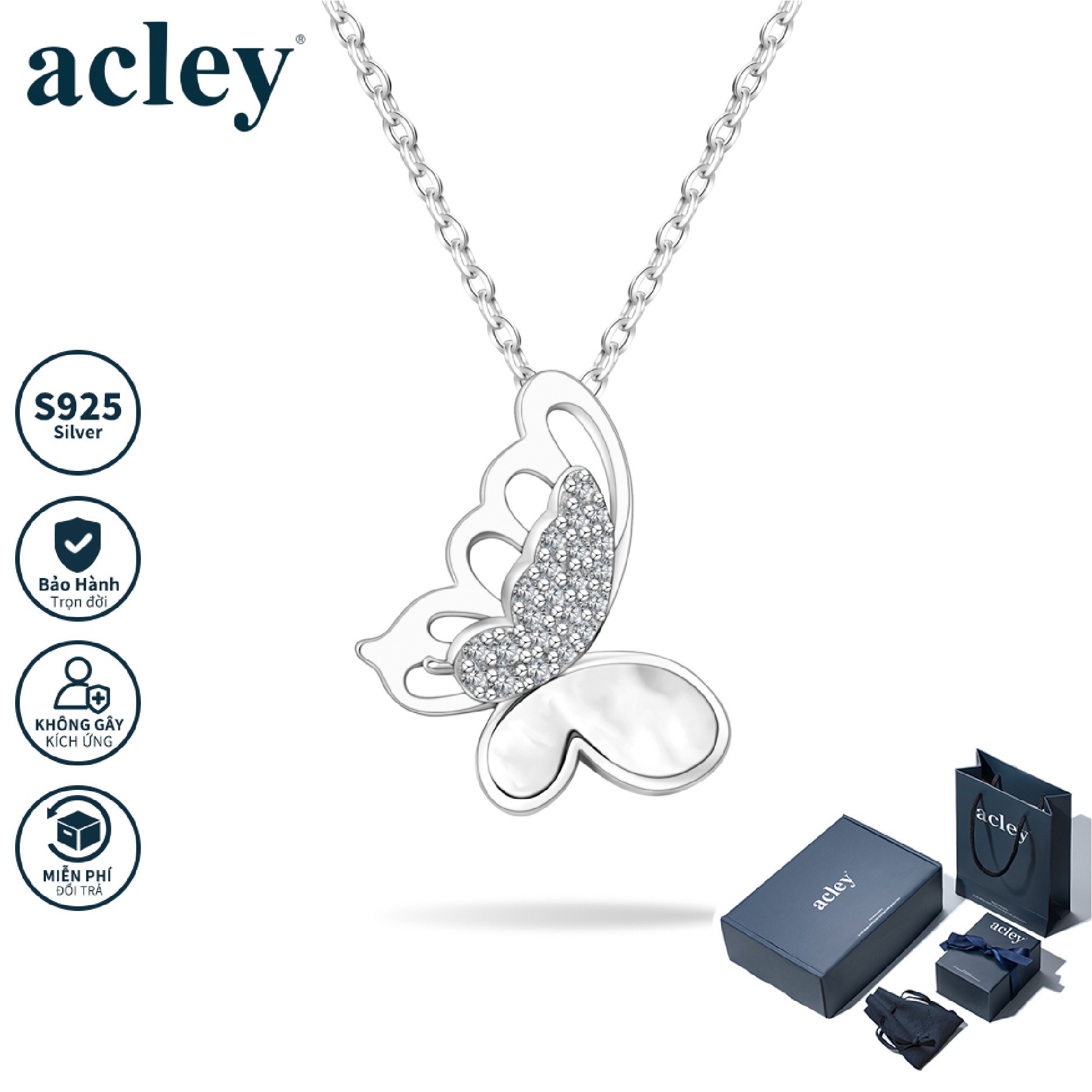 Dây chuyền Cánh Bướm Tự Do – Acley | Bạc S925 + Xà cừ + Đá CZ Zirconia | KC-3153B
