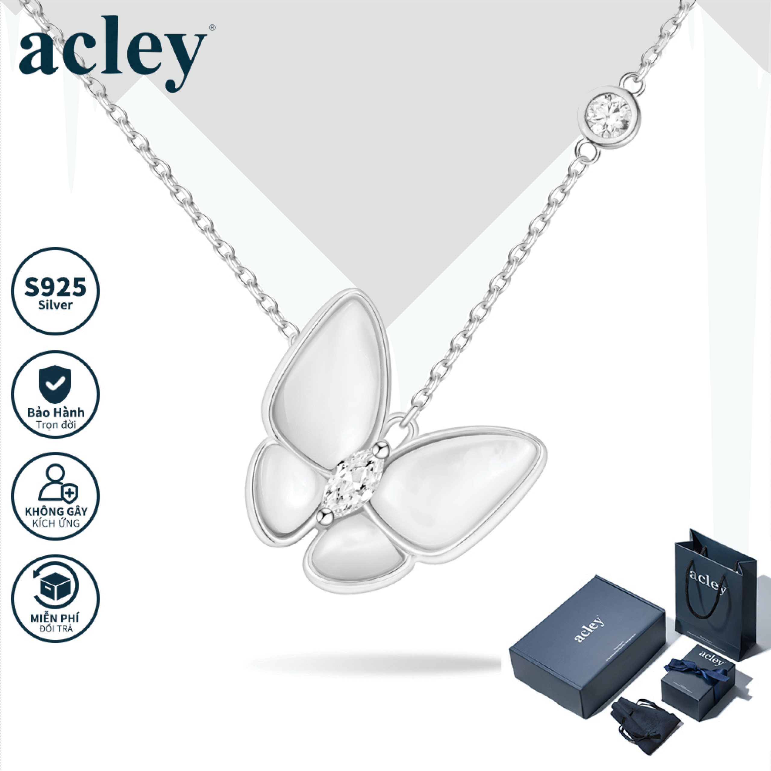 Dây chuyền Cánh Bướm Thủy Tinh – Acley | Bạc S925 + Xà cừ + Đá CZ Zirconia | KF-4416B