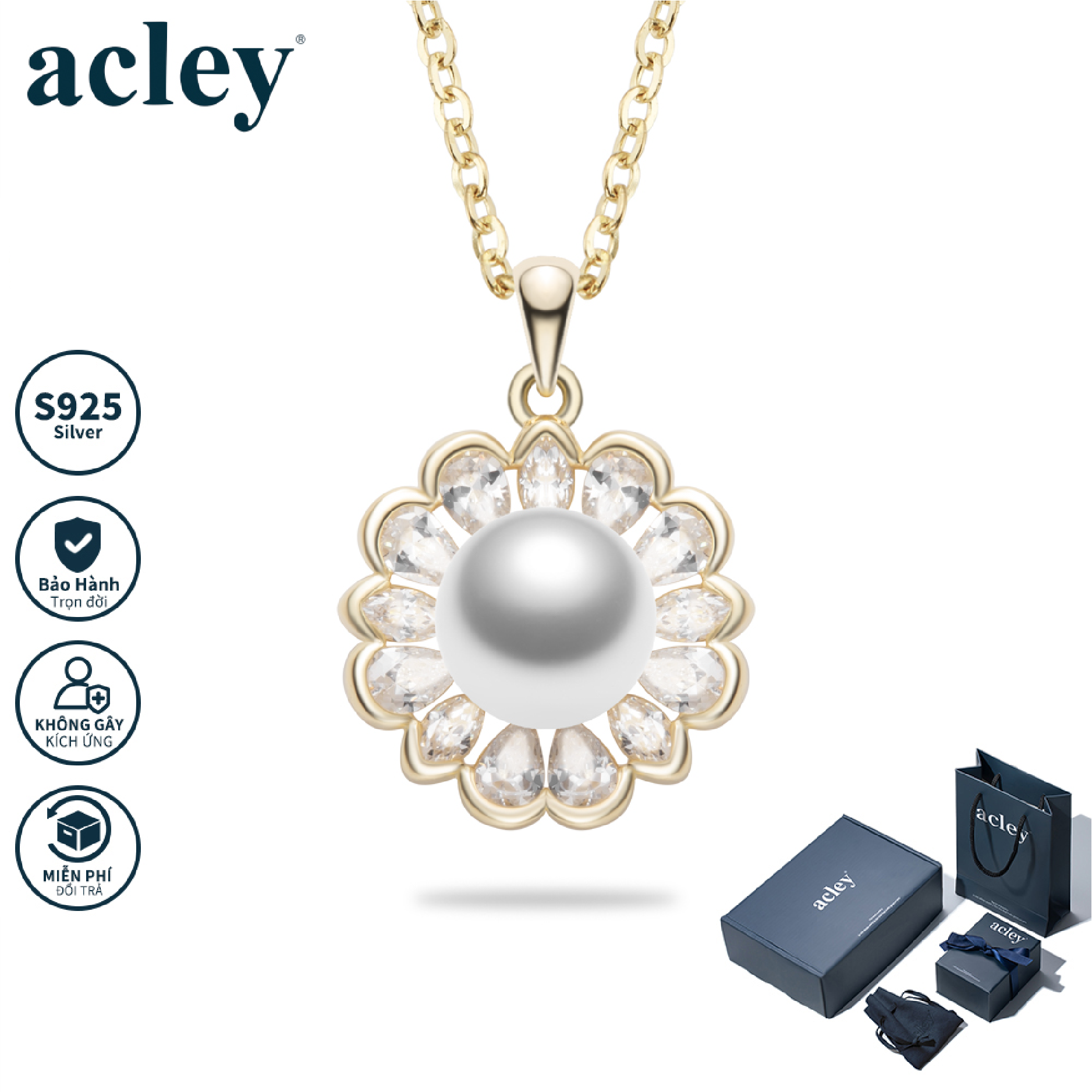 Dây chuyền Mặt Trời Ngọc – Acley | Bạc S925 + Đá CZ Zirconia + Ngọc trai | YD-9415B