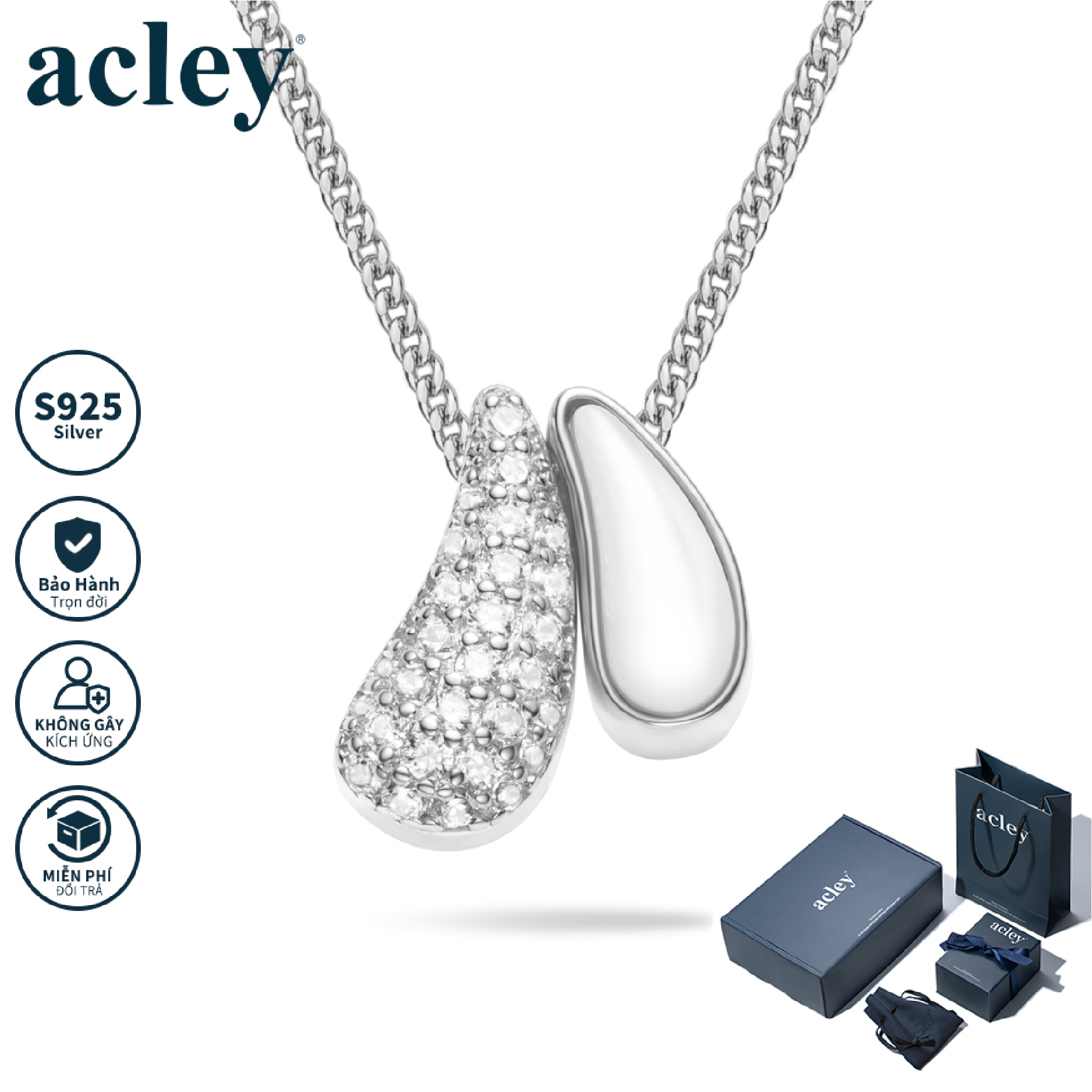 Dây chuyền Ngọc Ánh Sương – Acley | Bạc S925 + Xà cừ + Đá CZ Zirconia | YE07320I8Cb, YE07320A8Cb