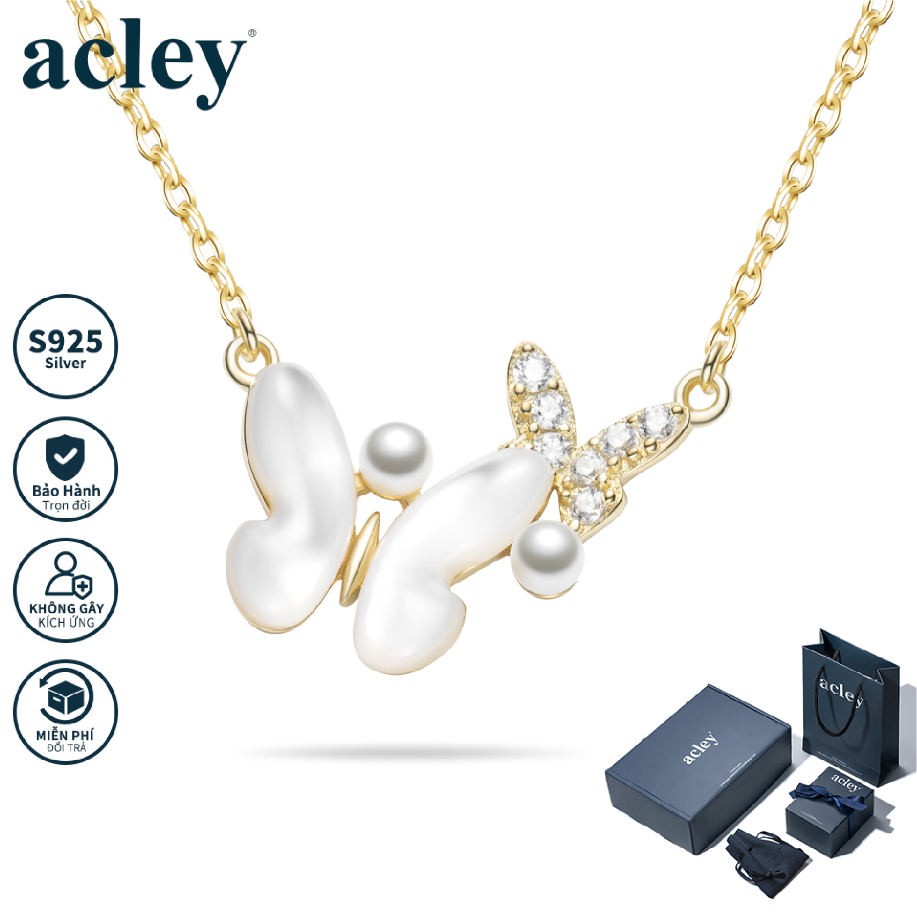 Dây chuyền cánh hồ điệp – Acley | Bạc S925 + Xà cừ ngọc trai + Đá Zirconia tổng hợp | YE07367I8Cb