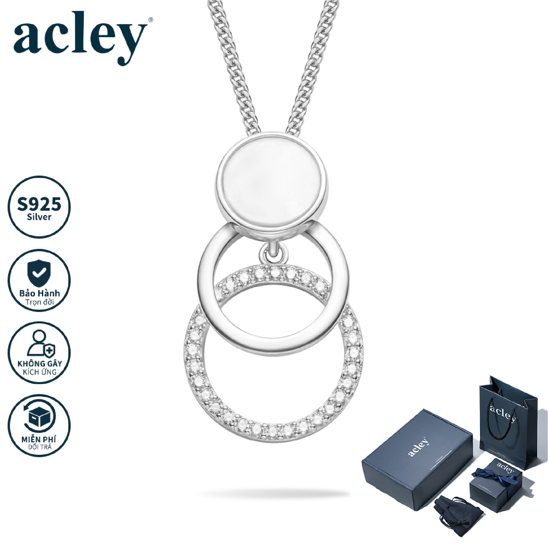 Dây chuyền Tam Hoàn Giao Tâm – Acley | Bạc S925 + Xà cừ + Đá CZ Zirconia | YE07734A8Cb