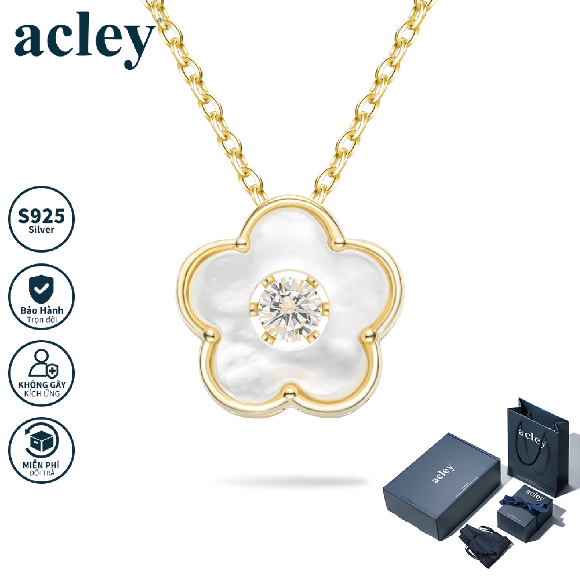 Dây chuyền Đóa Hoa – Acley | Bạc S925 + Xà cừ + Đá CZ Zirconia | YFD0181BG1