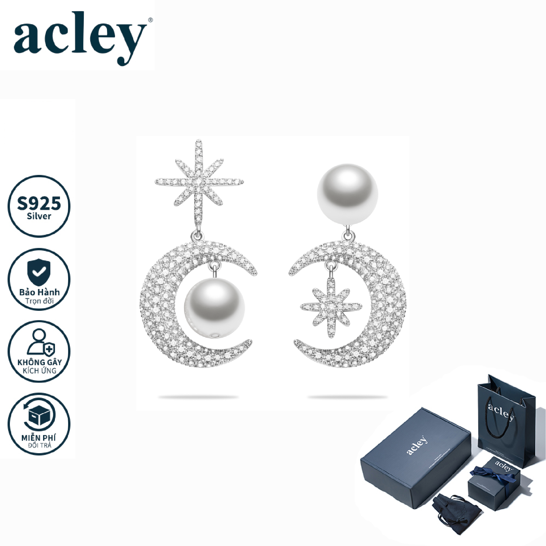 Bông tai Ngọc Trăng – Acley | Bạc S925 + Ngọc trai + Đá CZ Zirconia | YG04143A8Z35