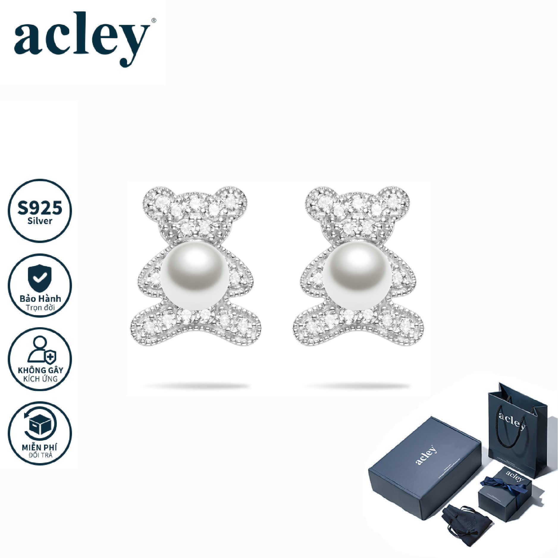 Bông tai Gấu Con – Acley | Bạc S925 + Ngọc trai + Đá CZ Zirconia | YG04683A8Z35