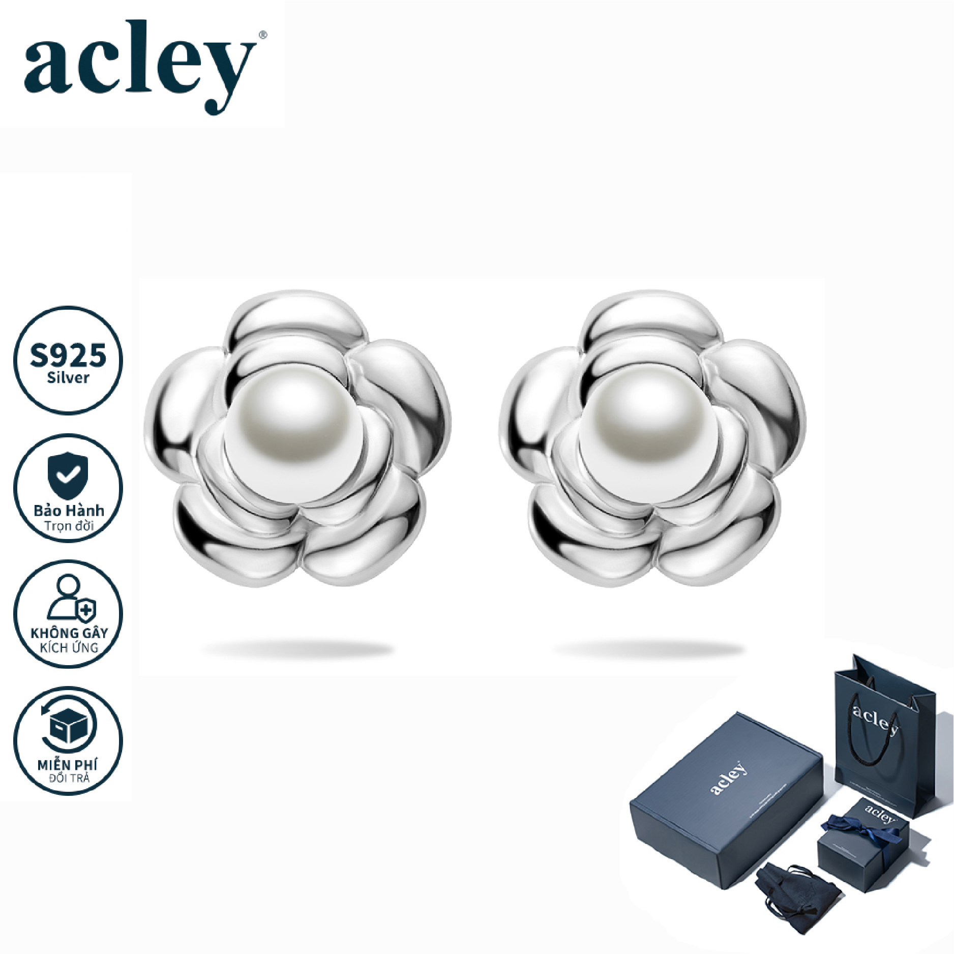 Bông tai Hoa Trà – Acley | Bạc S925 + Ngọc trai | YG09357A0Zb