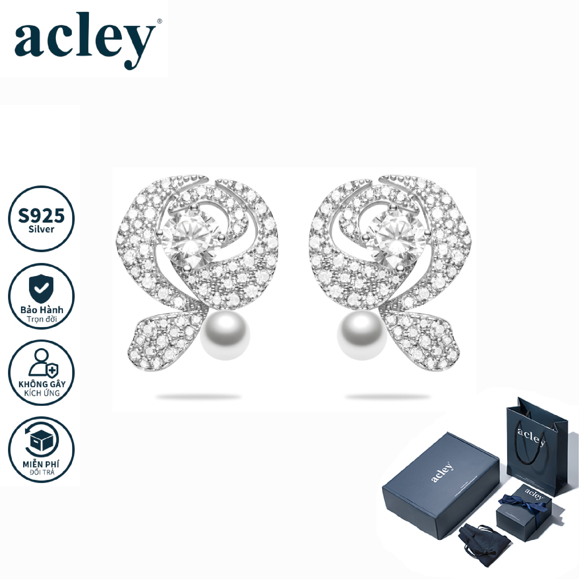 Bông tai Hoa Hồng – Acley | Bạc S925 + Ngọc trai + Đá CZ Zirconia | YG10697A8Zd