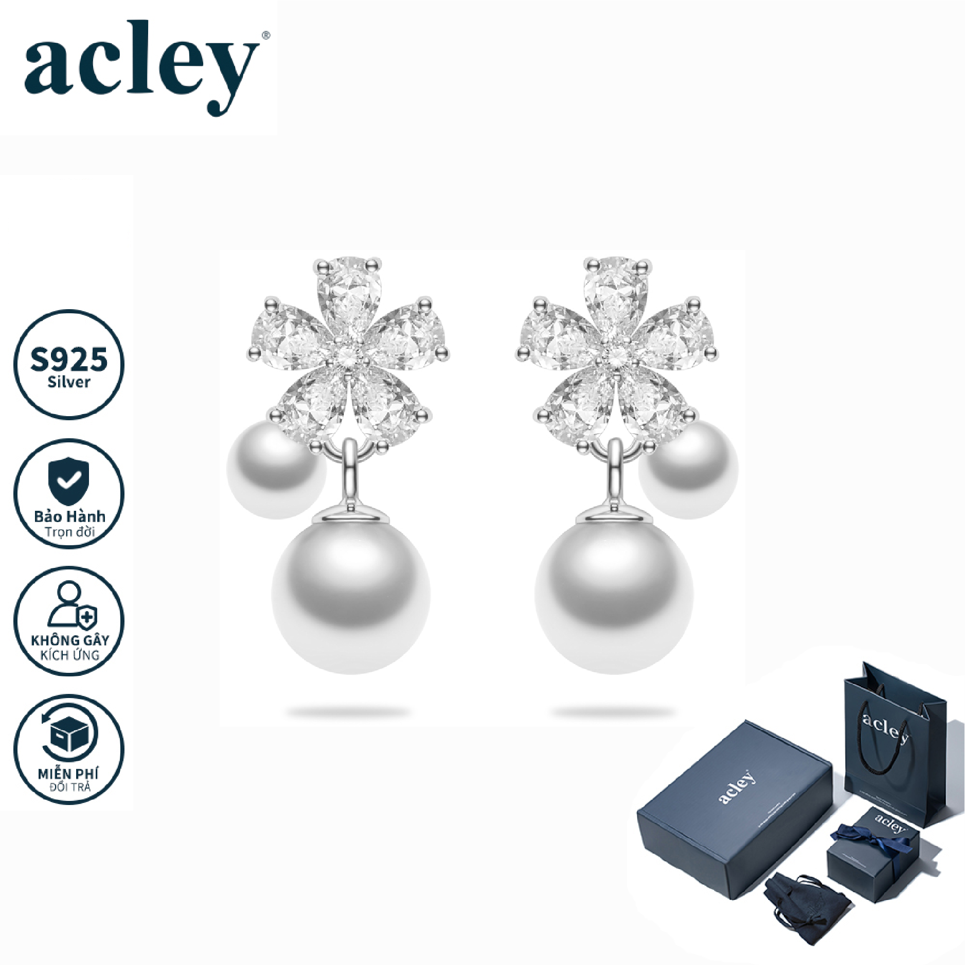 Bông tai Hoa Sương – Acley | Bạc S925 + Ngọc trai + Đá CZ Zirconia | YG11603A8Zd