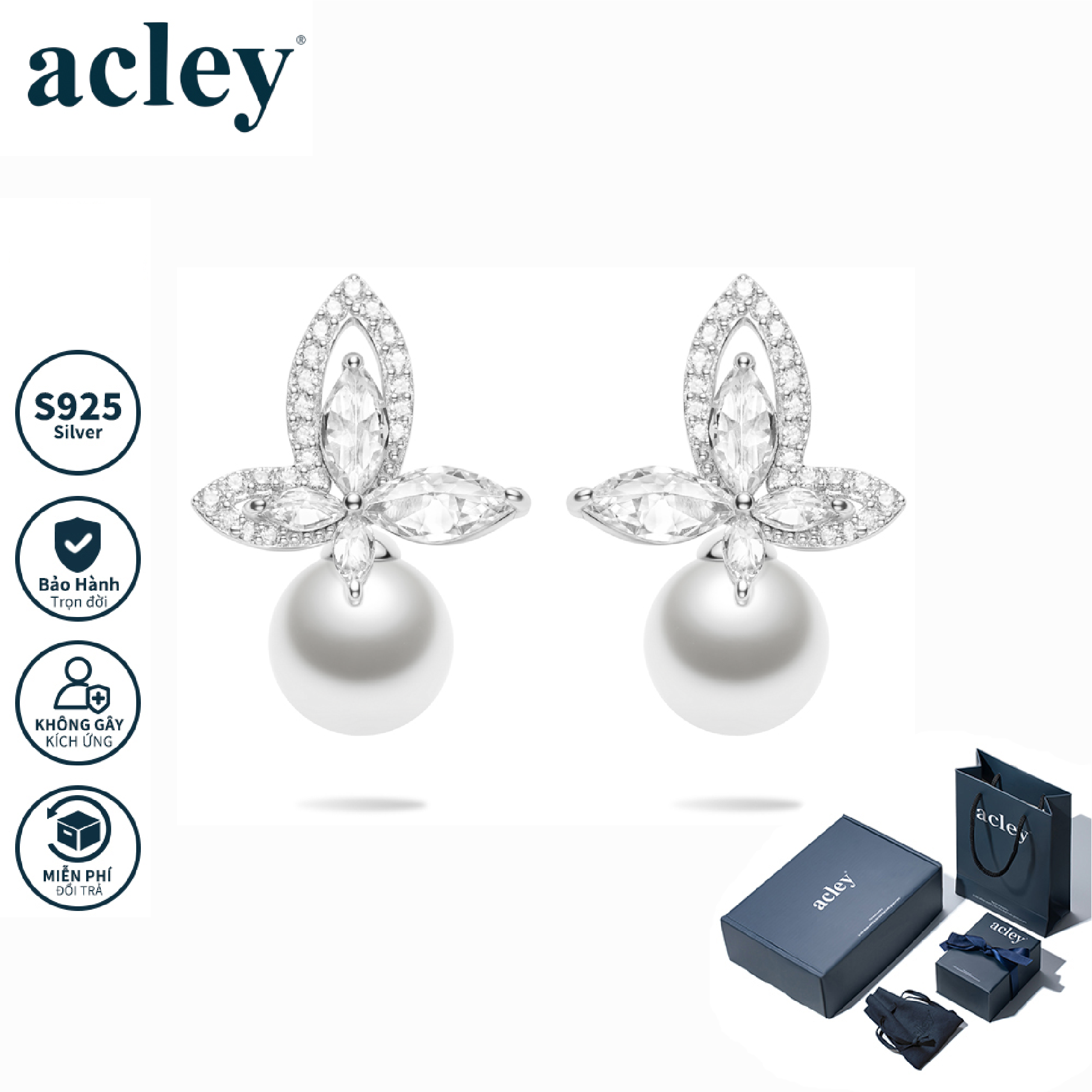 Bông tai Hoa Ngọc – Acley | Bạc S925 + Ngọc trai + Đá CZ Zirconia | YG11708A8Zb