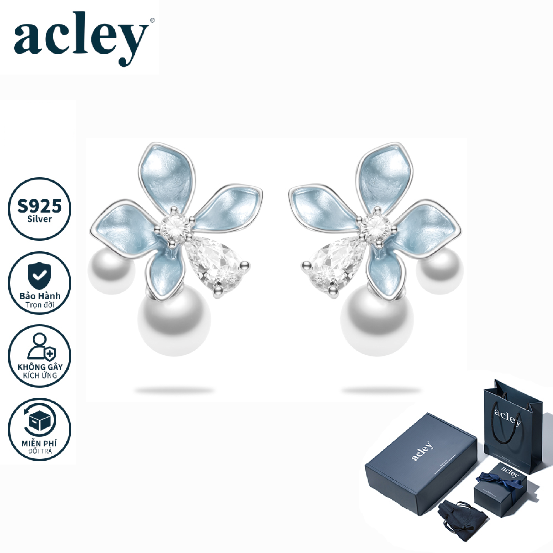 Bông tai Hoa Xanh – Acley | Bạc S925 + Ngọc trai + Đá CZ Zirconia | YG11805A8Znb