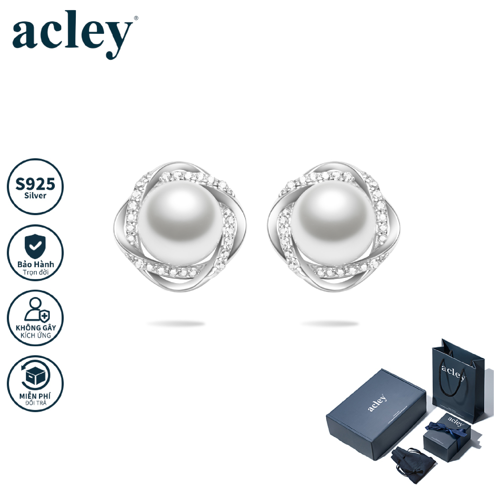 Bông tai Lục Bảo Ngọc – Acley | Bạc S925 + Ngọc trai + Đá CZ Zirconia | AE15470401