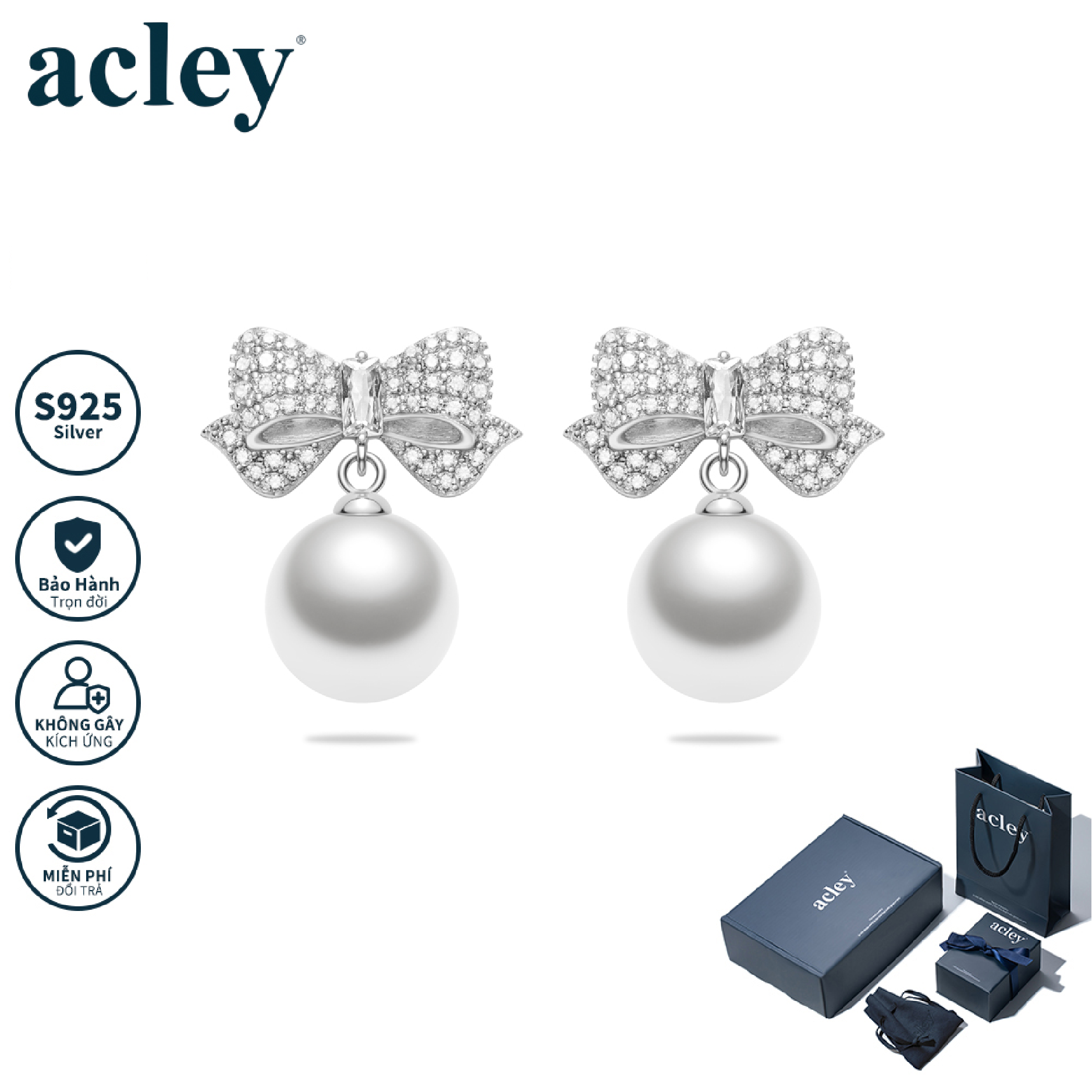 Bông tai Nơ Ngọc Quý – Acley | Bạc S925 + Ngọc trai + Đá CZ Zirconia | AE103320401