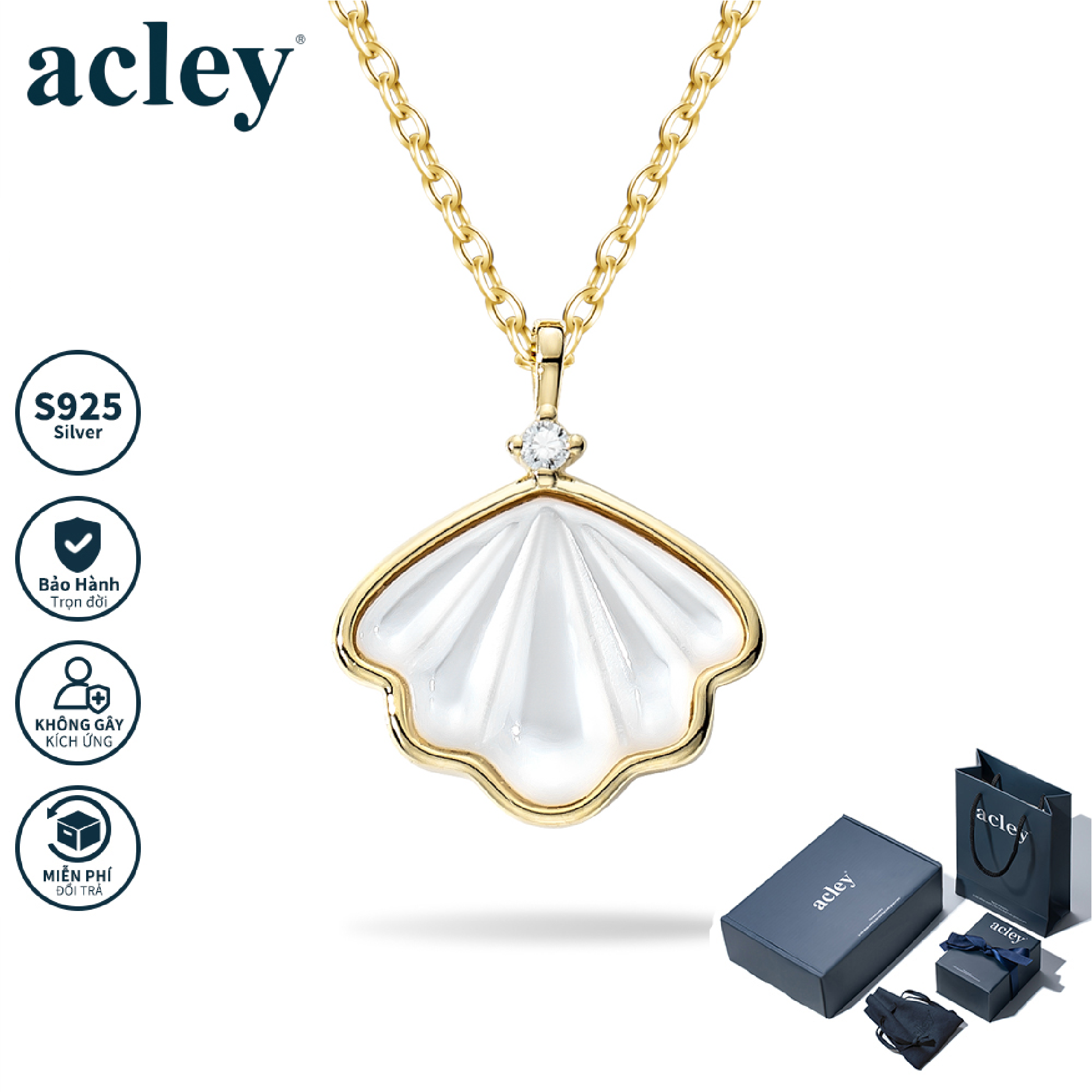 Dây chuyền Hải Đường Minh Châu – Acley | Bạc S925 xi vàng + Xà cừ + Đá CZ Zirconia | AYX-1393G