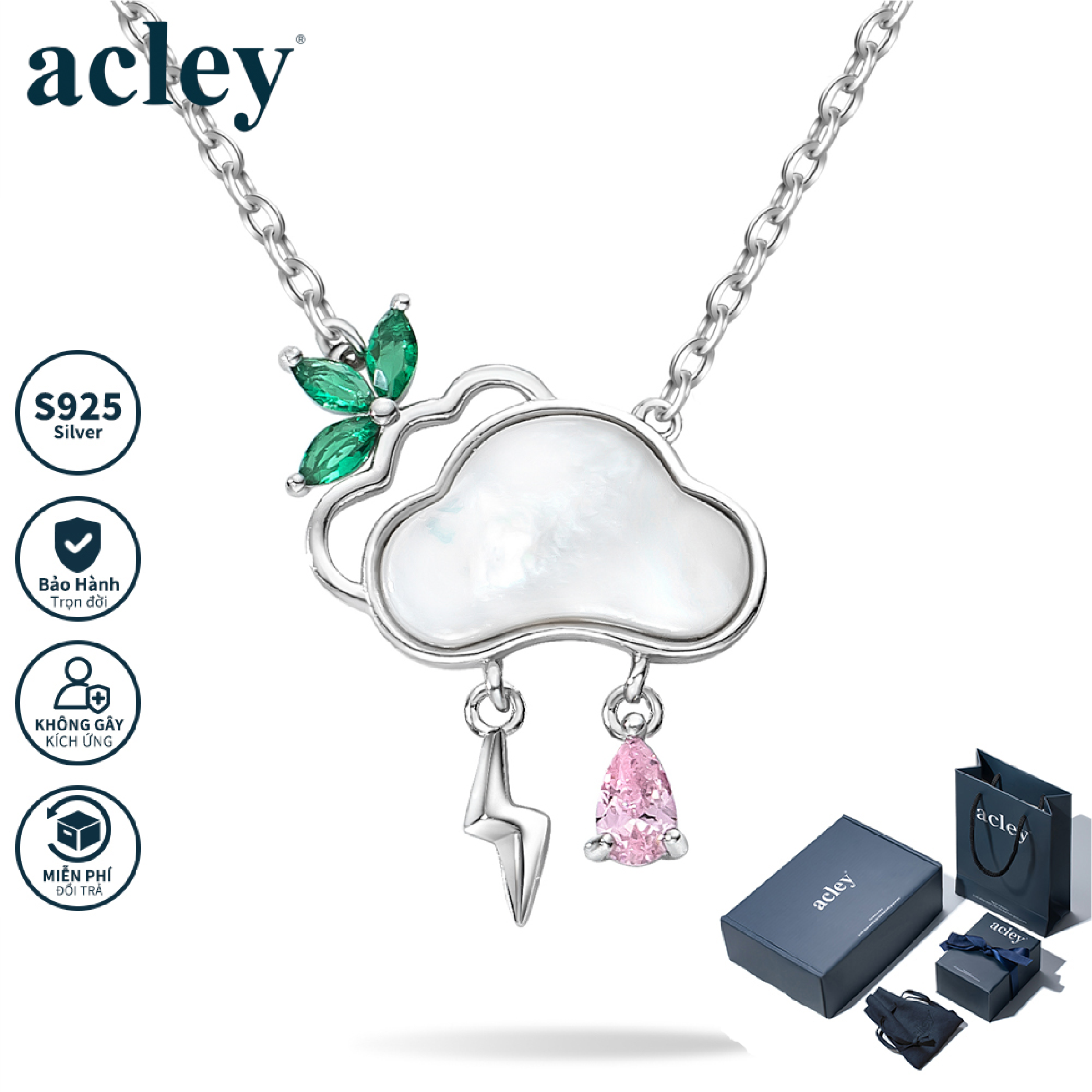 Dây chuyền Vân Lôi Bích Ngọc – Acley | Bạc S925 + Xà cừ + Đá CZ Zirconia | AYX-2260S