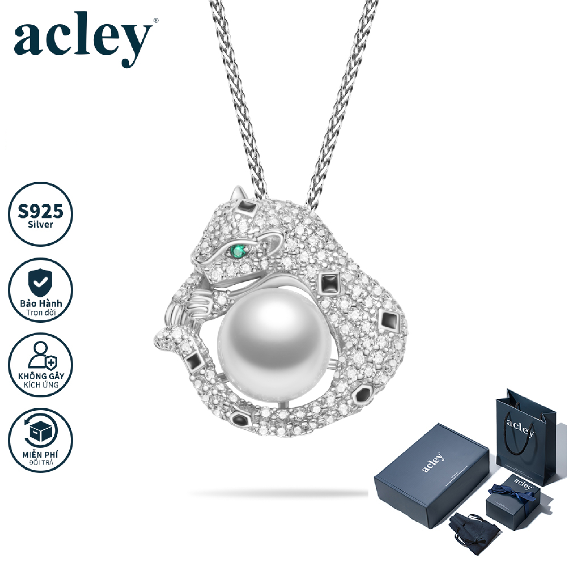 Dây chuyền Bạch Hổ Châu – Acley | Bạc S925 + Ngọc trai + Đá CZ Zirconia | AYX-3672S