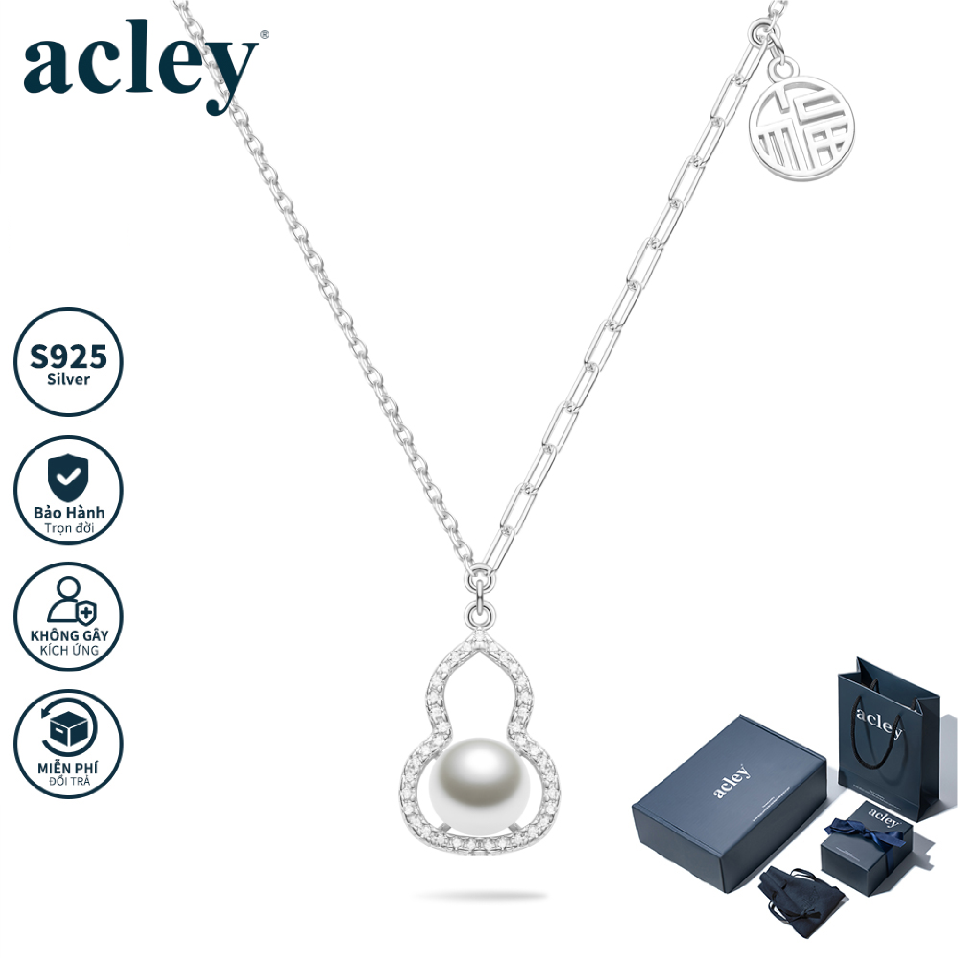 Dây chuyền Cát Tường – Acley | Bạc S925 + Ngọc trai + Đá CZ Zirconia | AYX-3858S