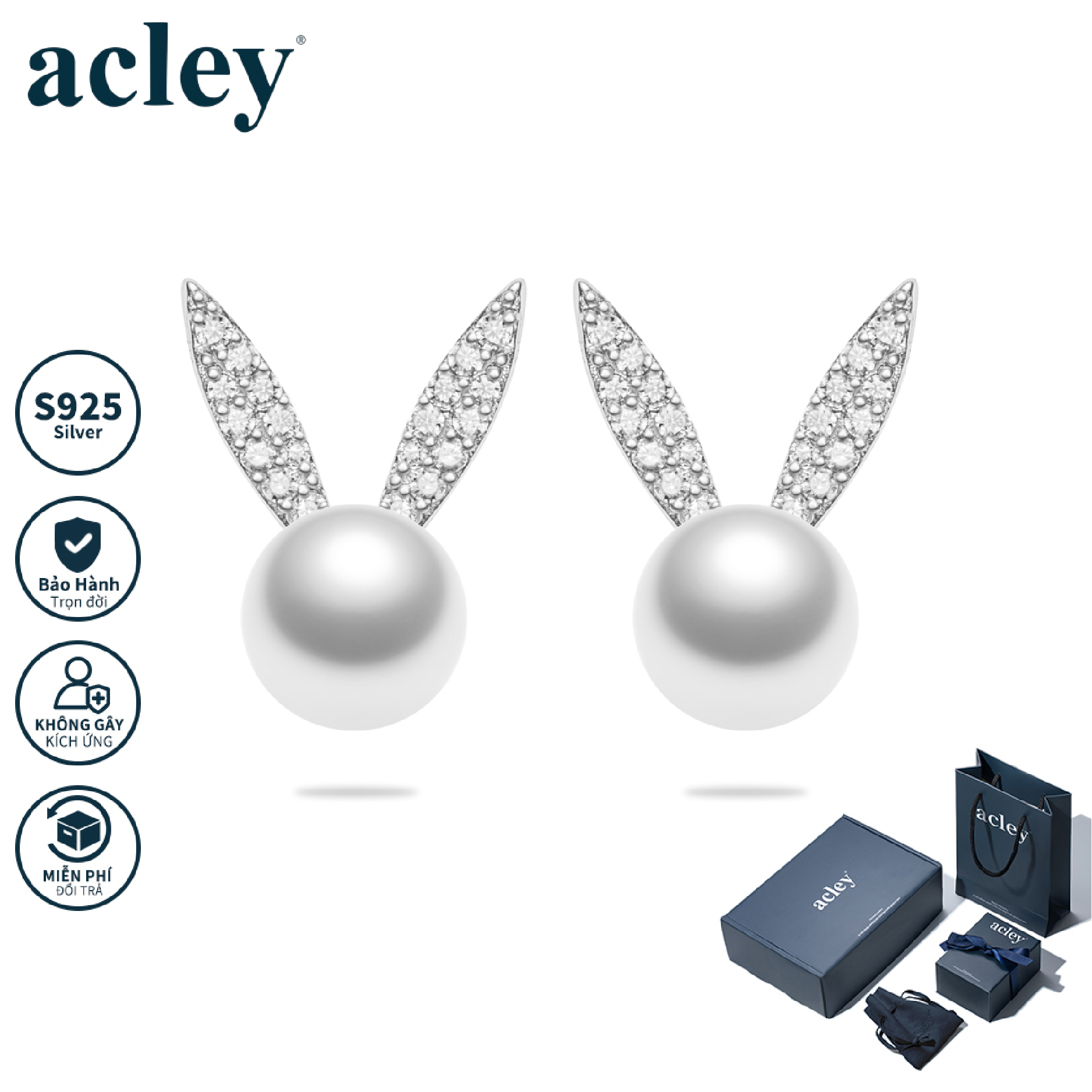 Bông tai Ngọc Thỏ Trắng – Acley | S925 + Ngọc trai + Đá CZ Zirconia | E89690401