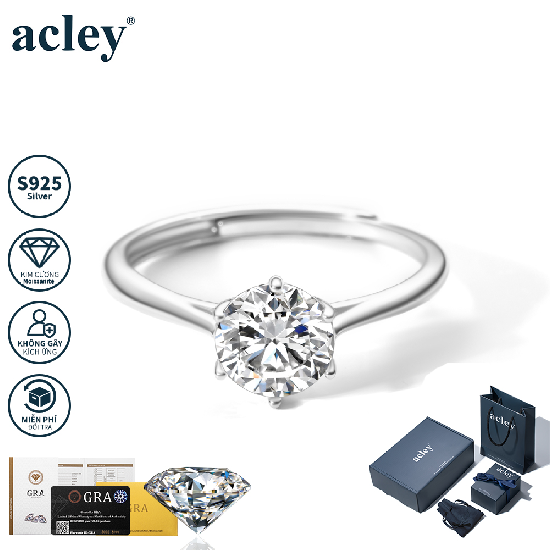 Nhẫn Tịch Dương – Acley | Bạc S925 + Kim cương Moissanite | MS R57770401