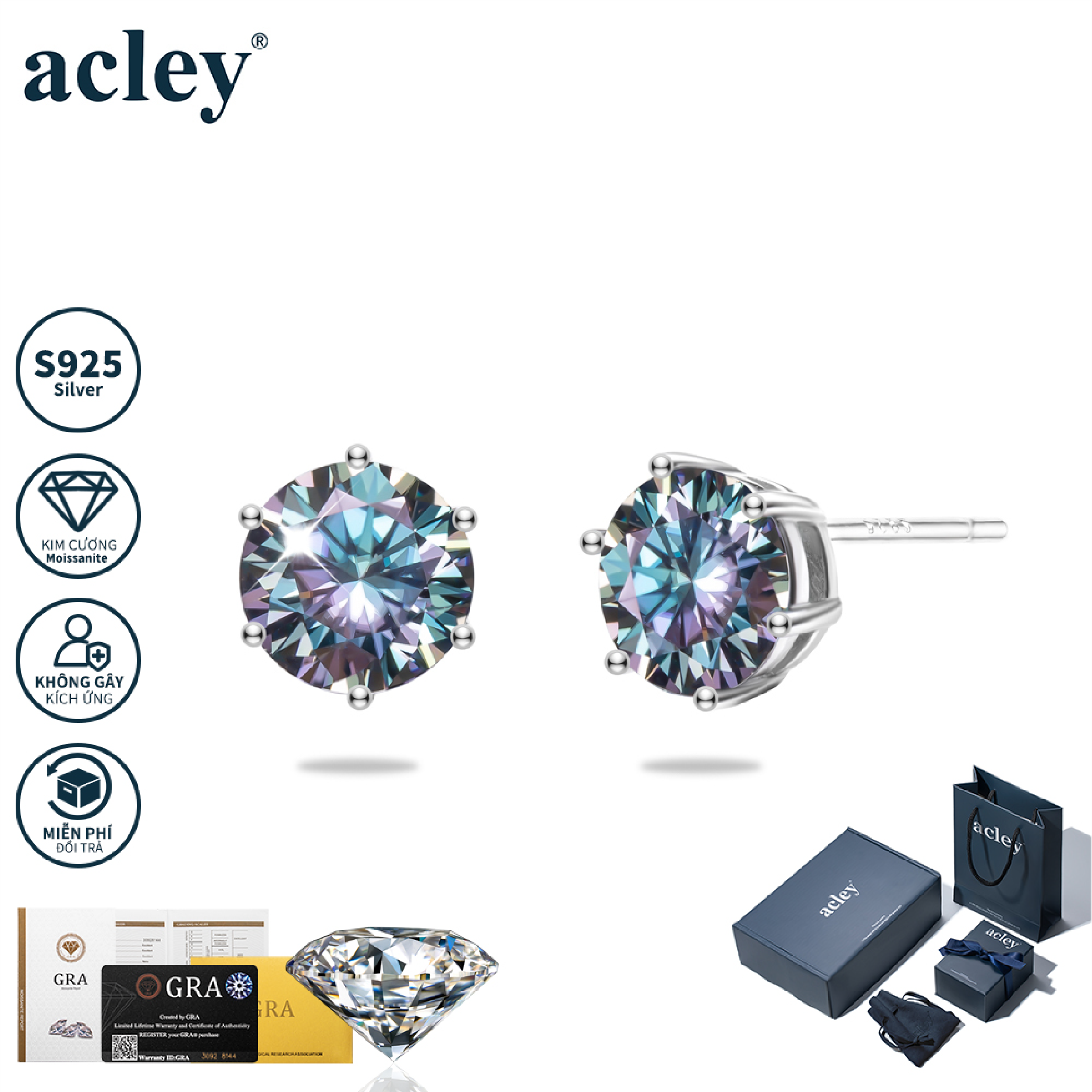 Bông tai Ngọc Vân – Acley | Bạc S925 + Kim cương Moissanite | MS00011A8Zw