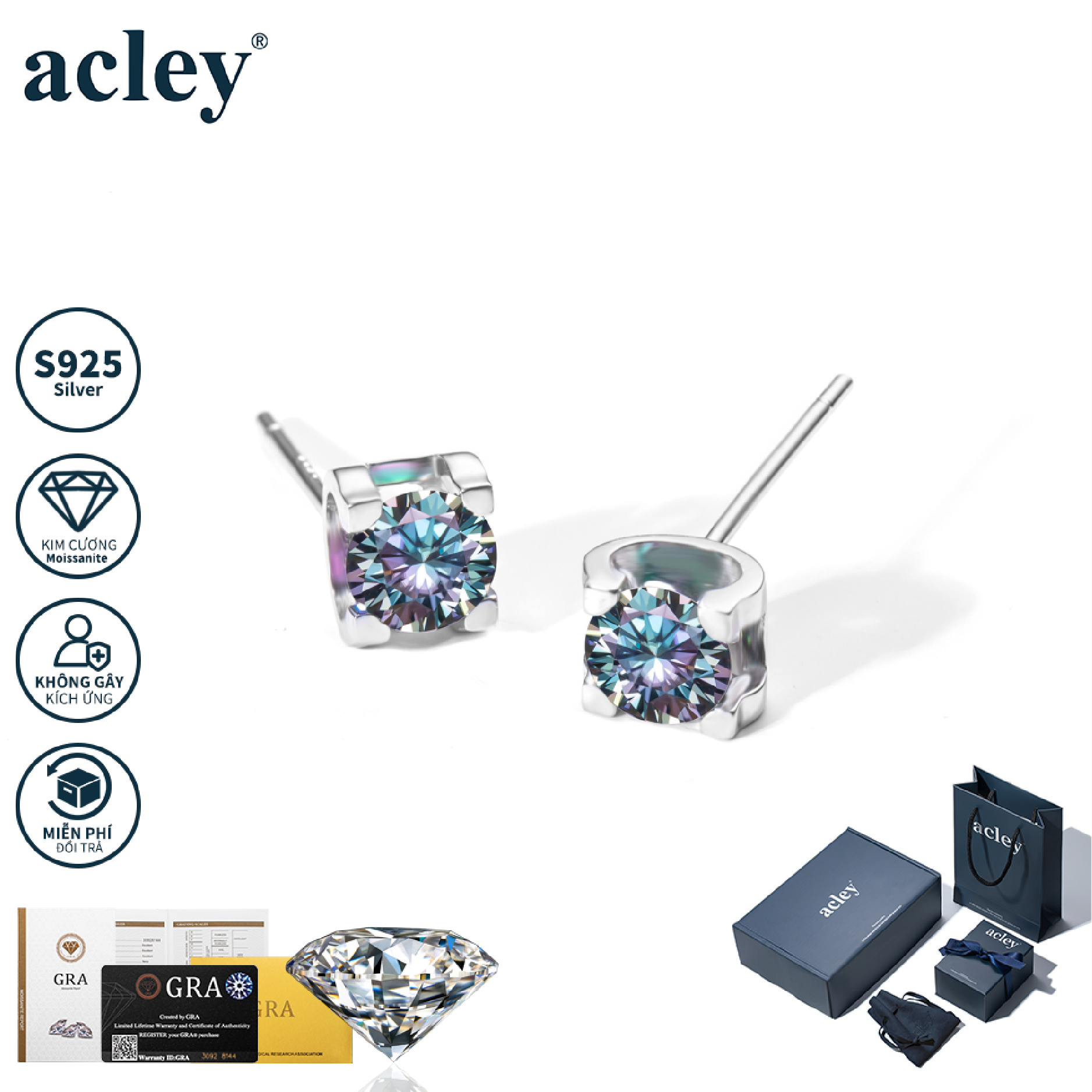 Bông tai Hàn Uyên – Acley | Bạc S925 + Kim cương Moissanite | MS00075A8Zw