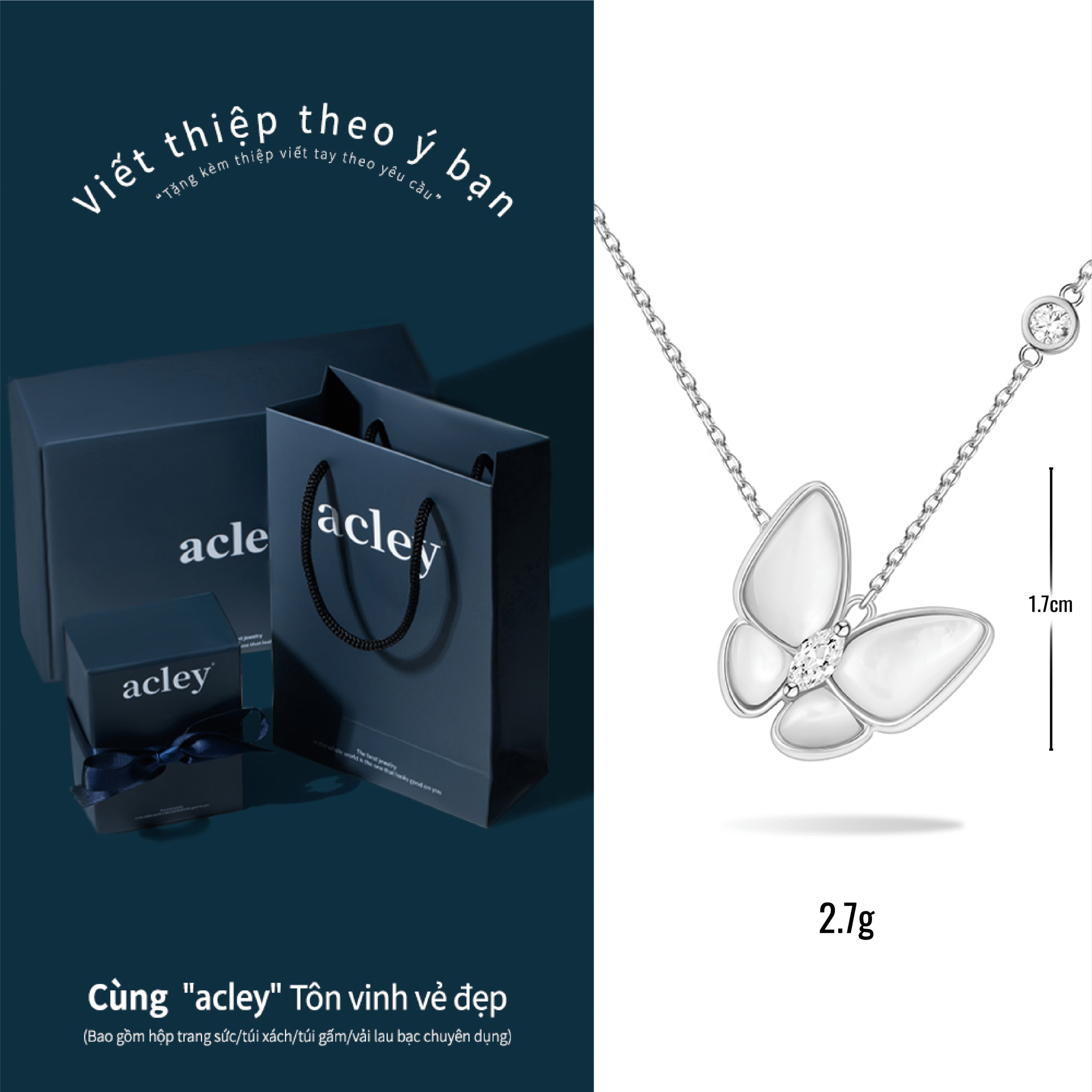 Dây chuyền Cánh Bướm Thủy Tinh – Acley | Bạc S925 + Xà cừ + Đá CZ Zirconia | KF-4416B - Image 3