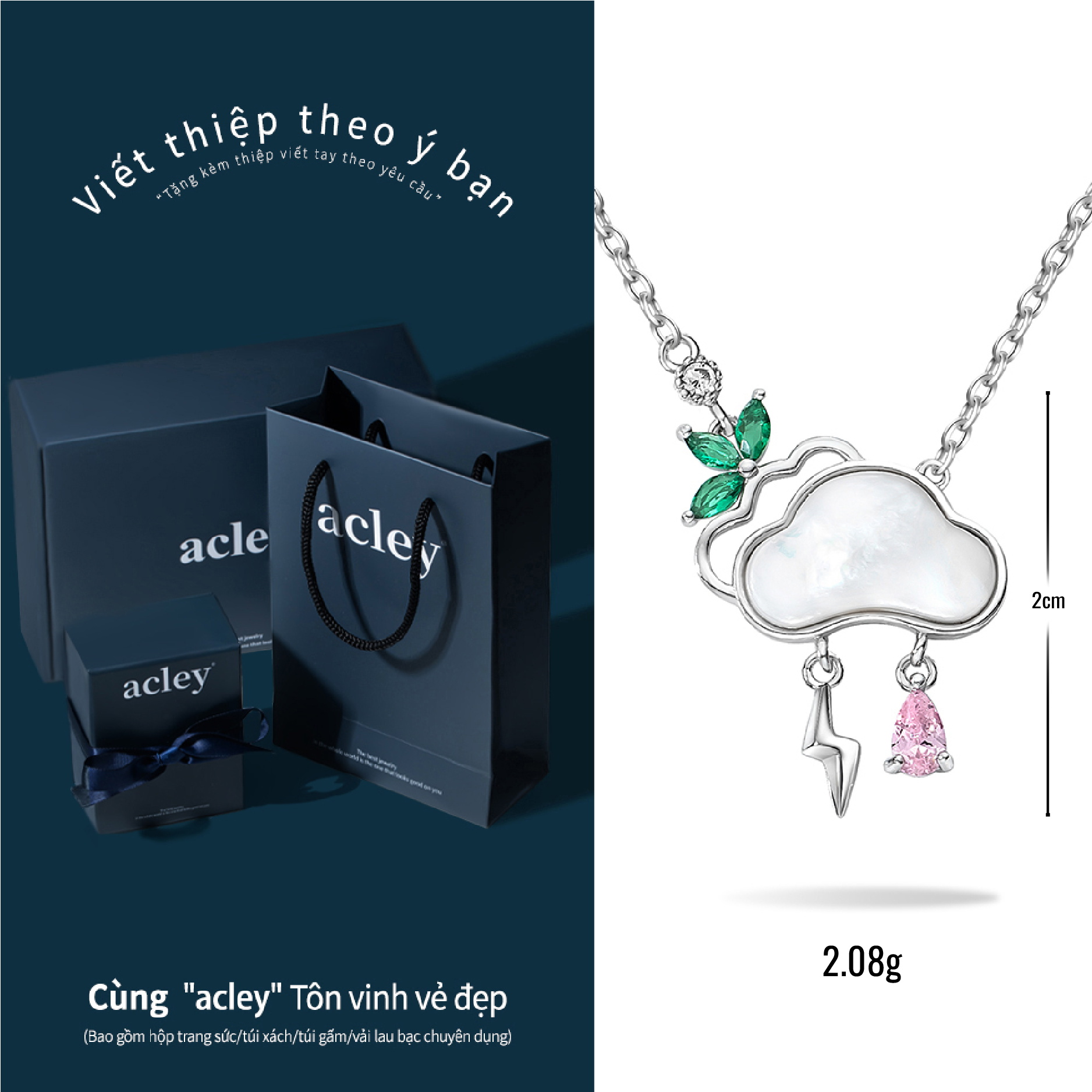 Dây chuyền Vân Lôi Bích Ngọc – Acley | Bạc S925 + Xà cừ + Đá CZ Zirconia | AYX-2260S - Image 3