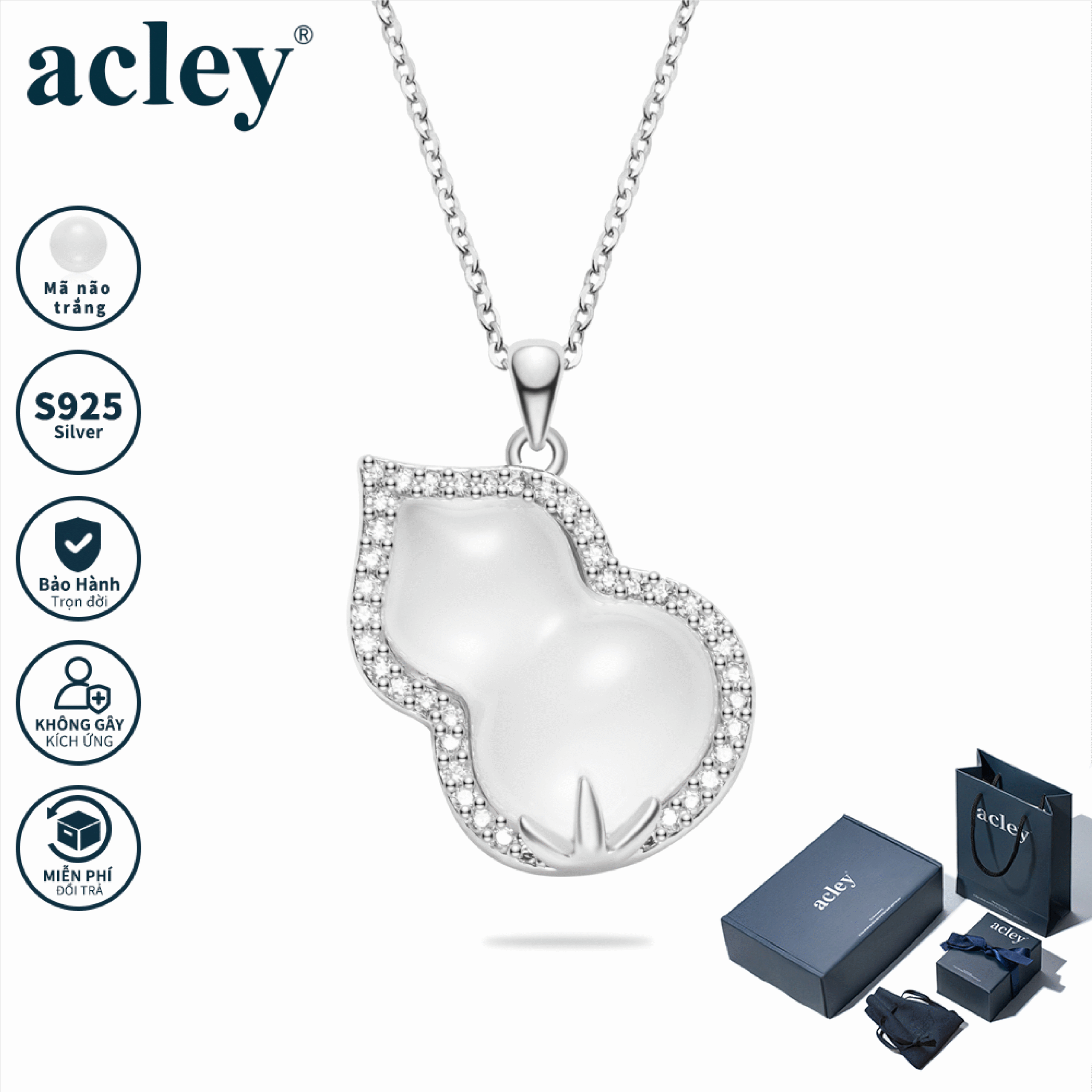 Dây chuyền Hồ Lô Phúc Lộc – Acley | Bạc S925 + Mã não trắng + Đá CZ Zirconia | AYX-2943S