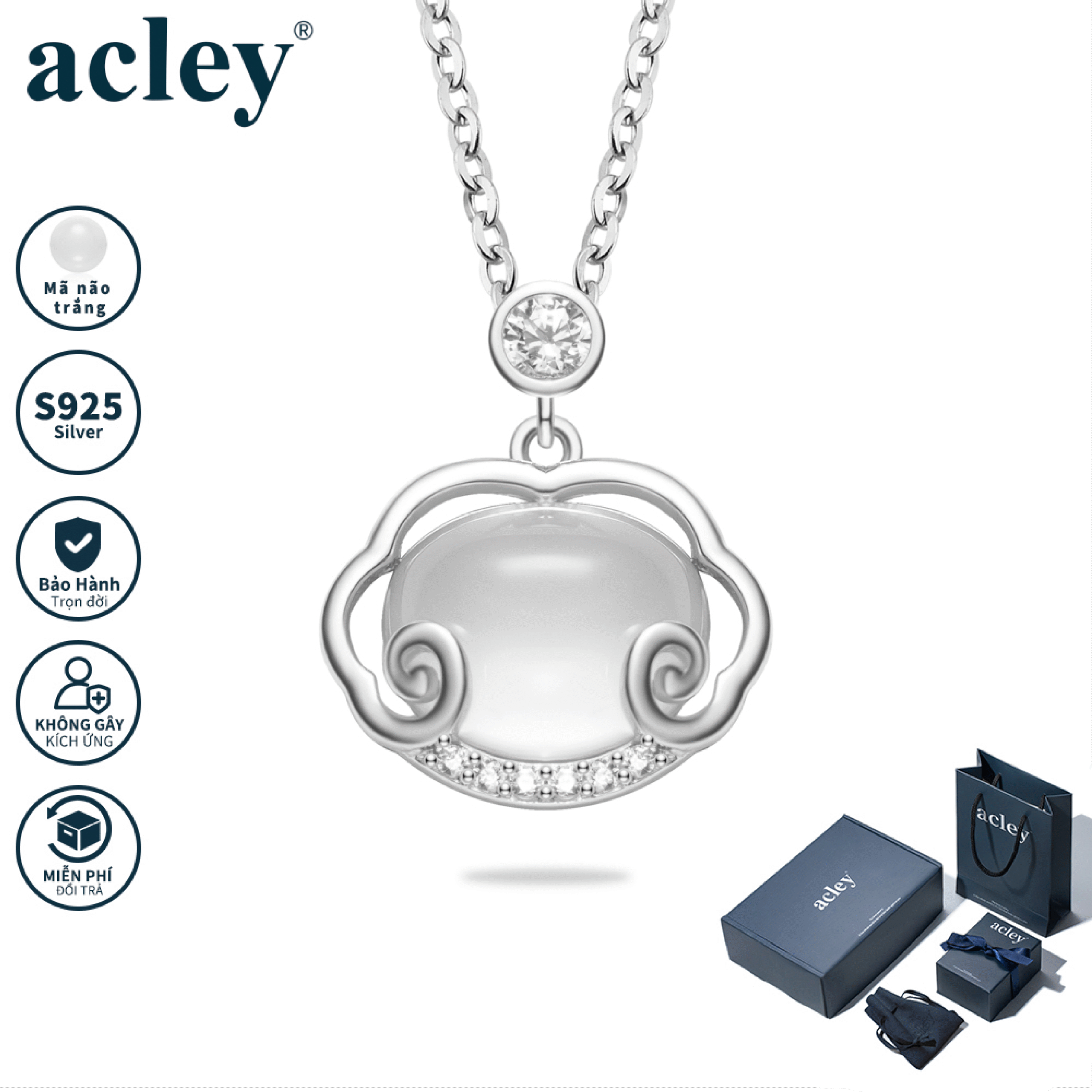 Dây chuyền Bạch Vân Cát – Acley | Bạc S925 + Mã não trắng + Đá CZ Zirconia | YD-3049C