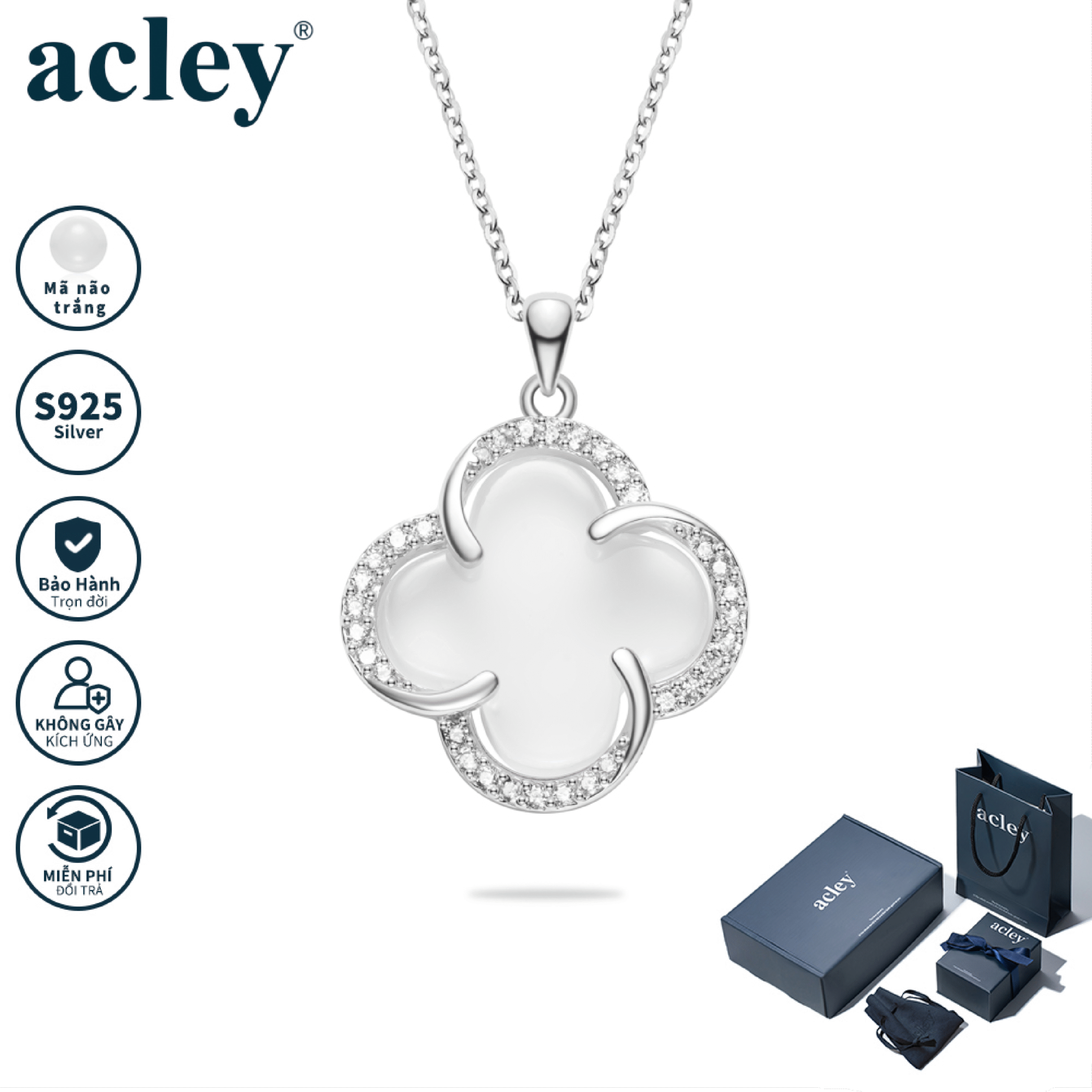 Dây chuyền An Cát Tường – Acley | Bạc S925 + Mã não trắng + Đá CZ Zirconia | YD-3169C