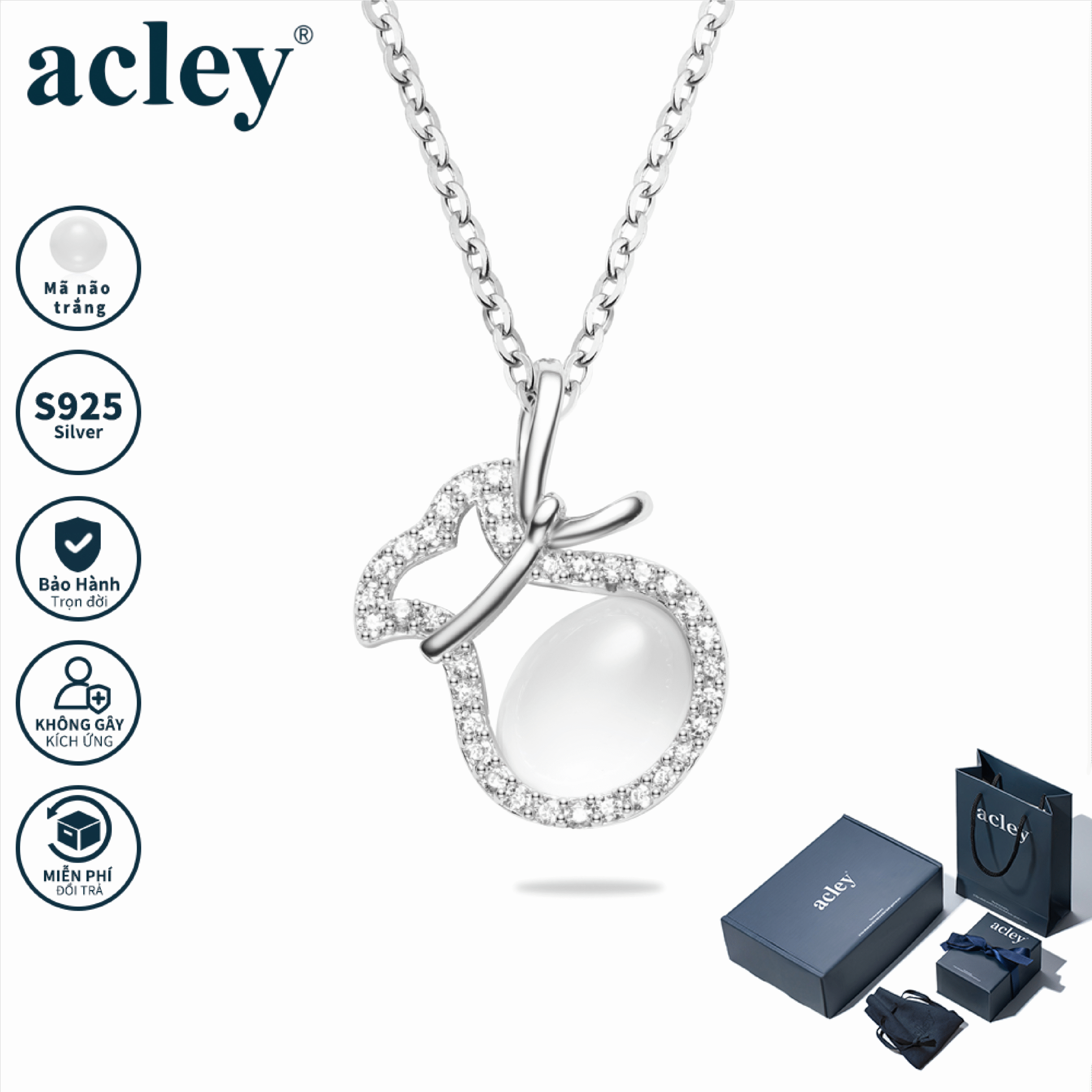 Dây chuyền Hồng Vận – Acley | Bạc S925 + Mã não trắng + Đá CZ Zirconia | YD-3287B