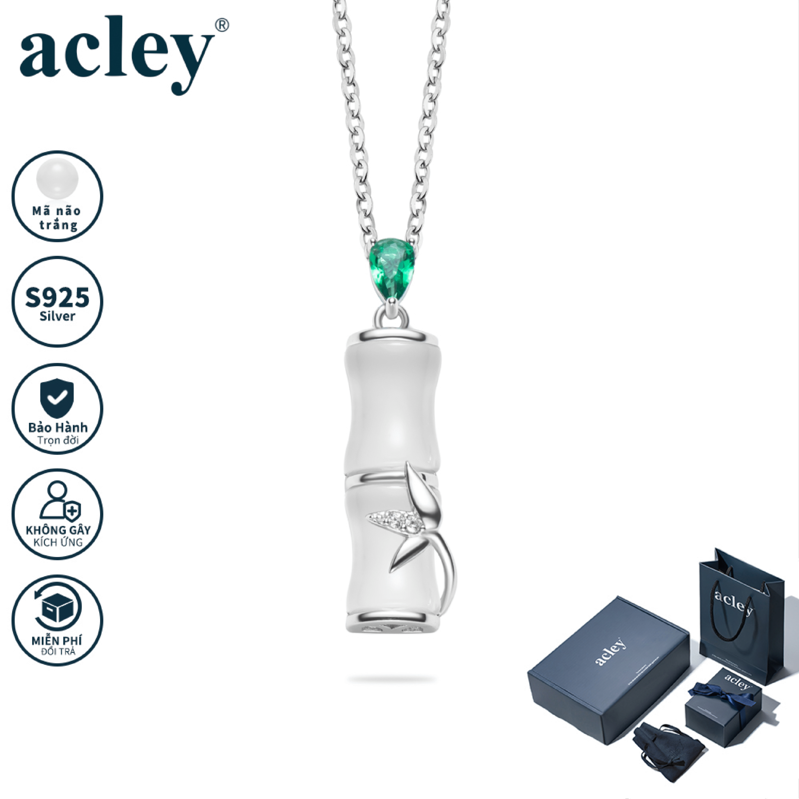 Dây chuyền Trúc Vĩnh An – Acley | Bạc S925 + Mã não trắng + Đá CZ Zirconia | YD-5767B