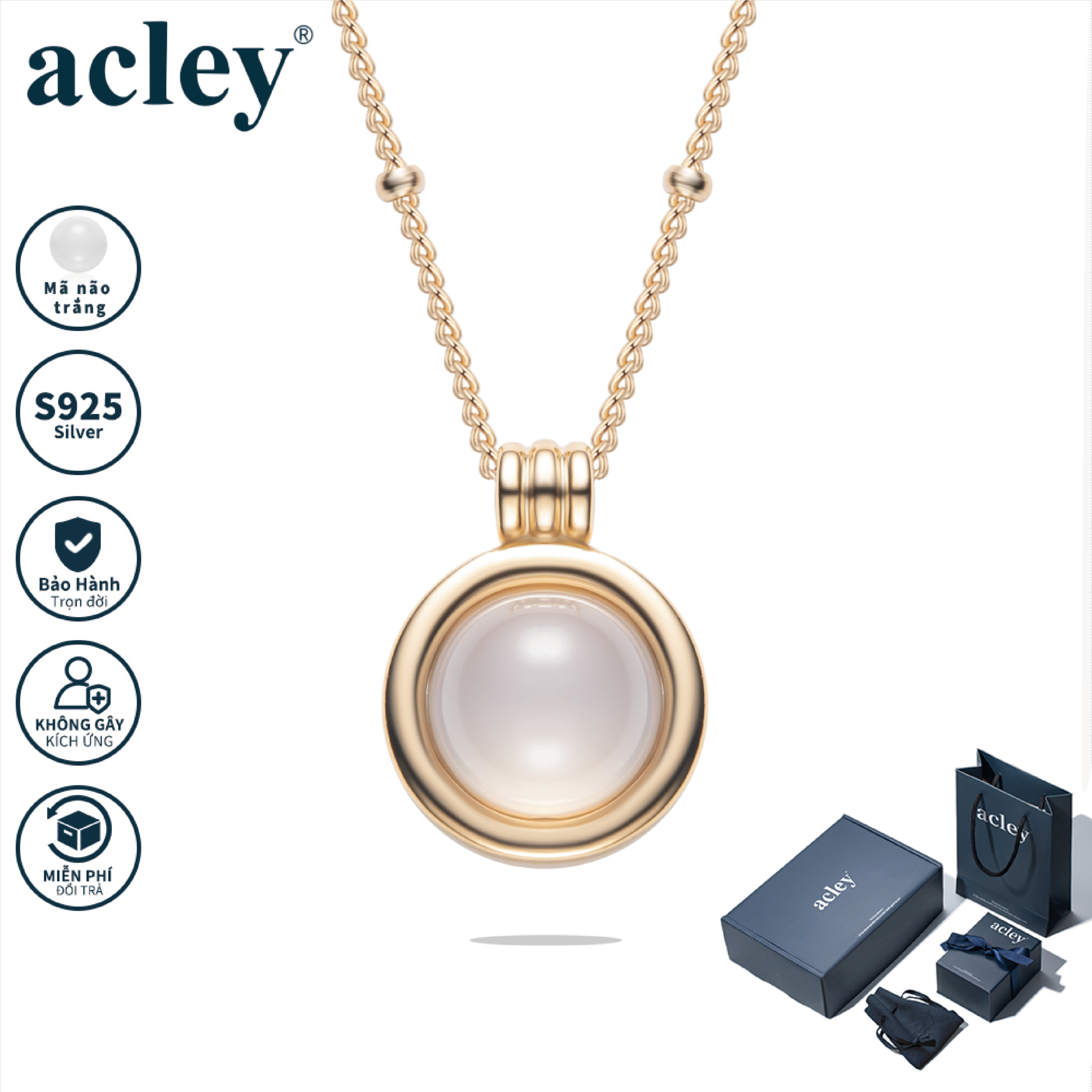 Dây chuyền Kim Tâm – Acley | Bạc S925 mạ vàng + Mã não trắng | YE05965C0Cb