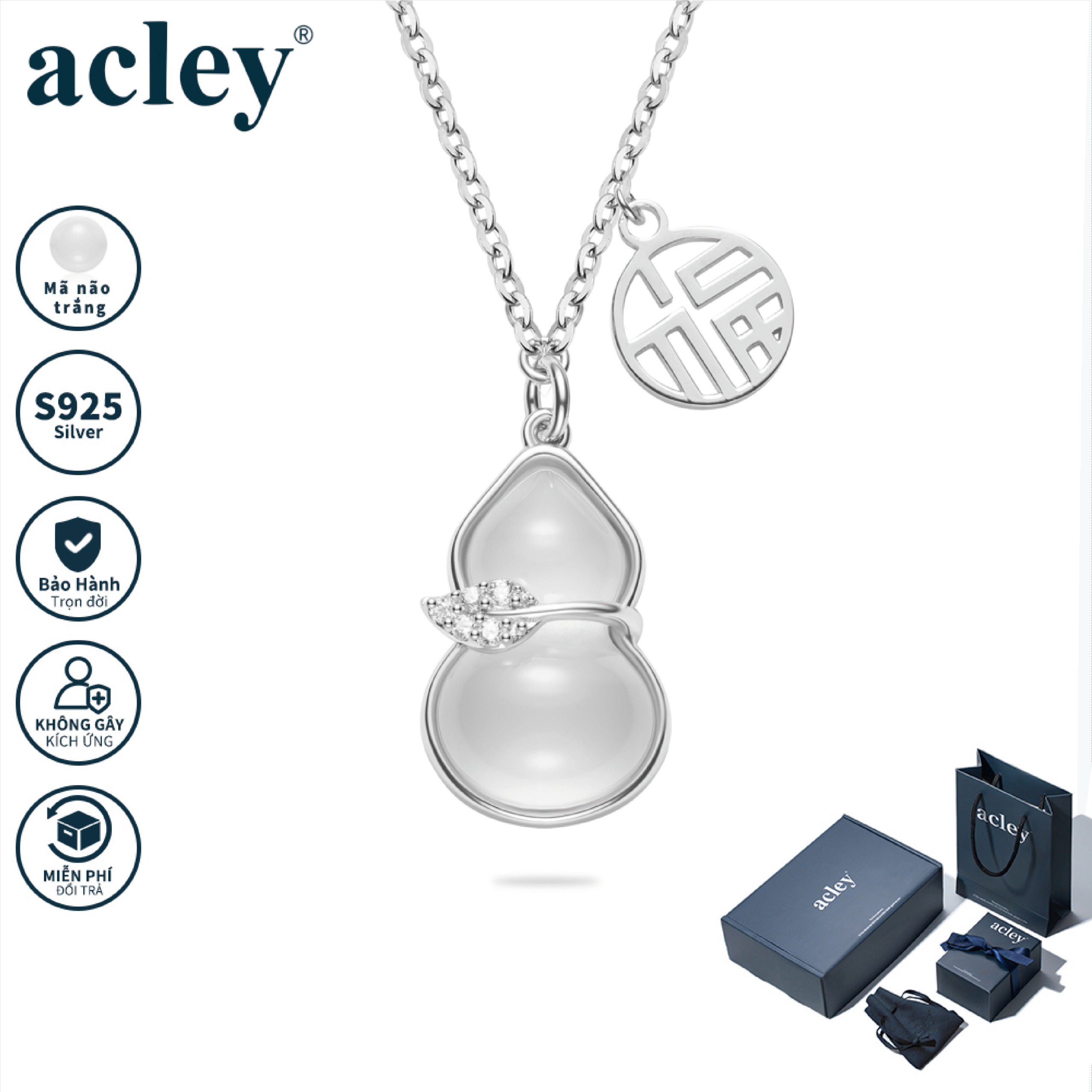 Dây chuyền Phúc Trường Thọ – Acley | Bạc S925 + Mã não trắng + Đá CZ Zirconia | YE06234A8Cb