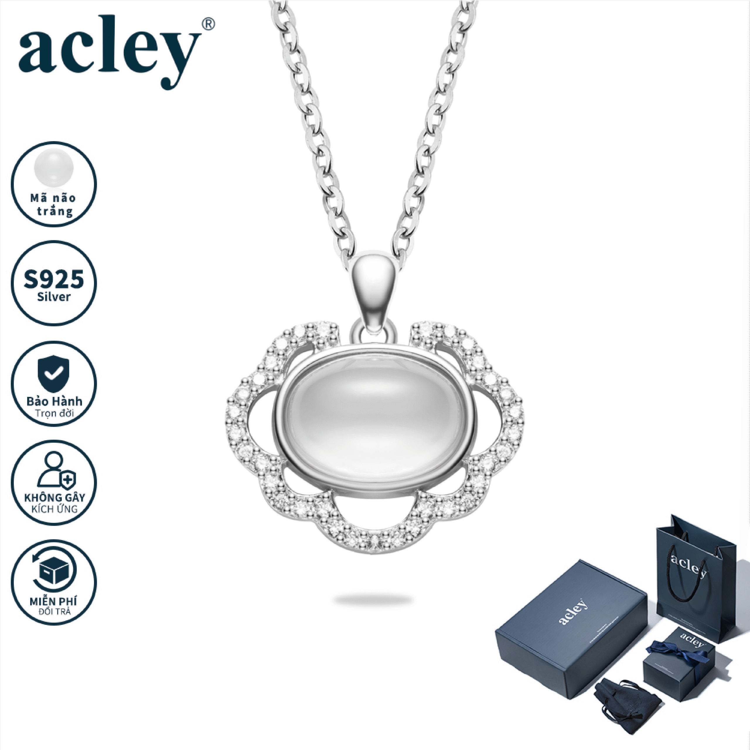 Dây chuyền Vân Hoa – Acley | Bạc S925 + Mã não trắng + Đá CZ Zirconia | YE06252A8Cb