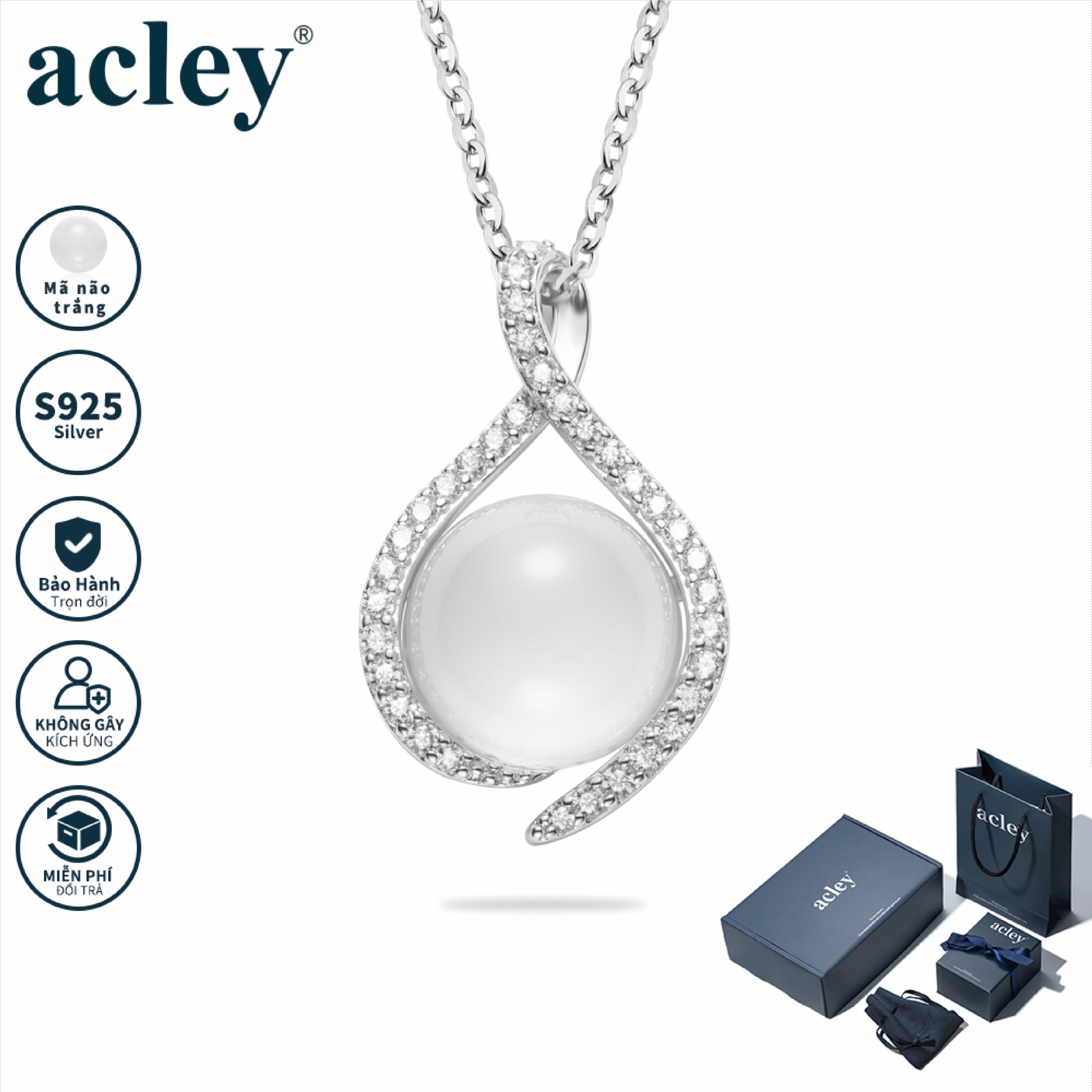 Dây chuyền Duyên Lụa – Acley | Bạc S925 + Mã não trắng + Đá CZ Zirconia | YE07502A8Cb