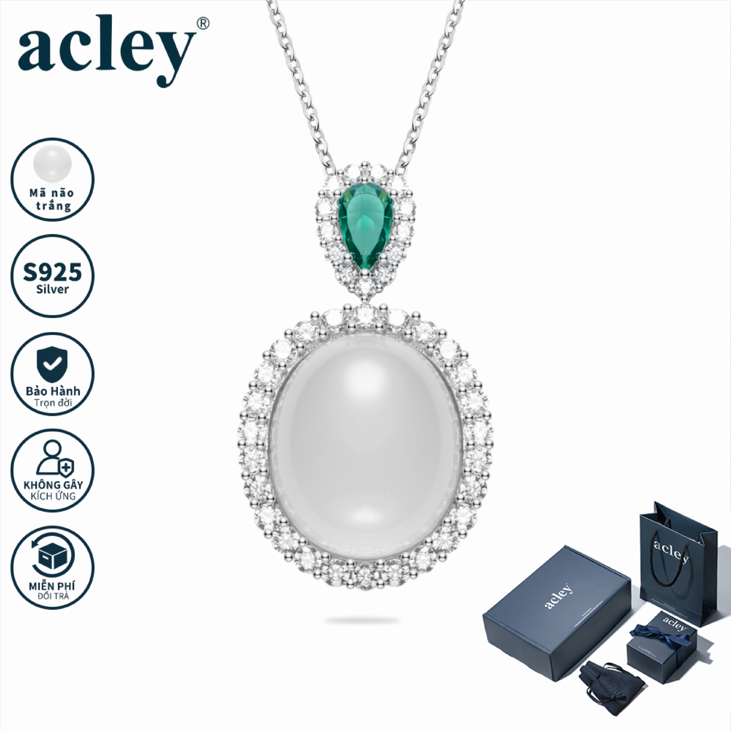 Dây chuyền Bích Nguyệt – Acley | Bạc S925 + Mã não trắng + Đá CZ Zirconia | YE07511A8Cgb