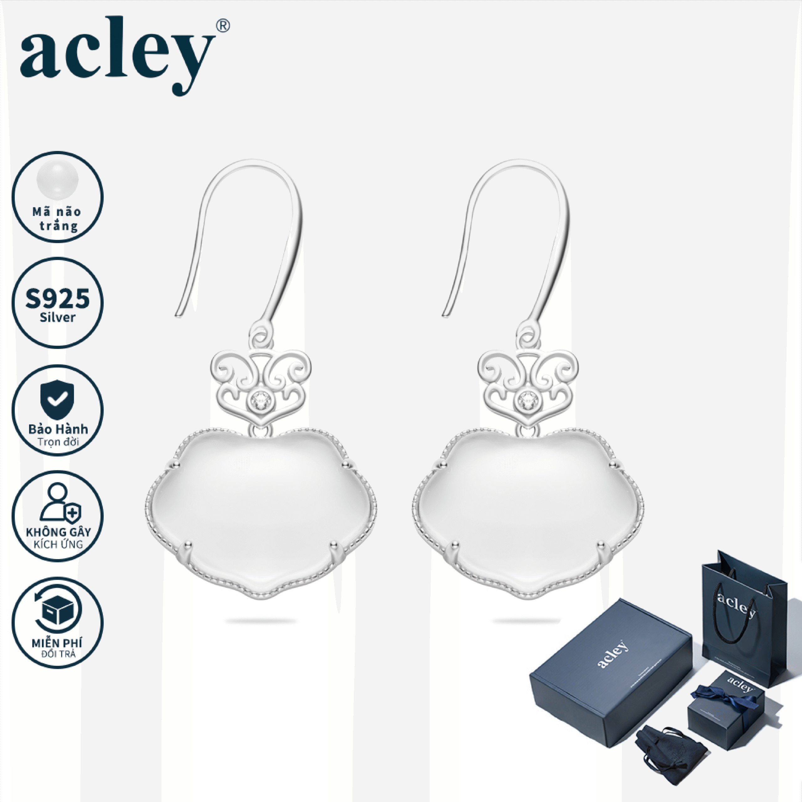 Bông tai Tường Vân – Acley | Bạc S925 + Mã não trắng + Đá CZ Zirconia | YG10754A8Zb