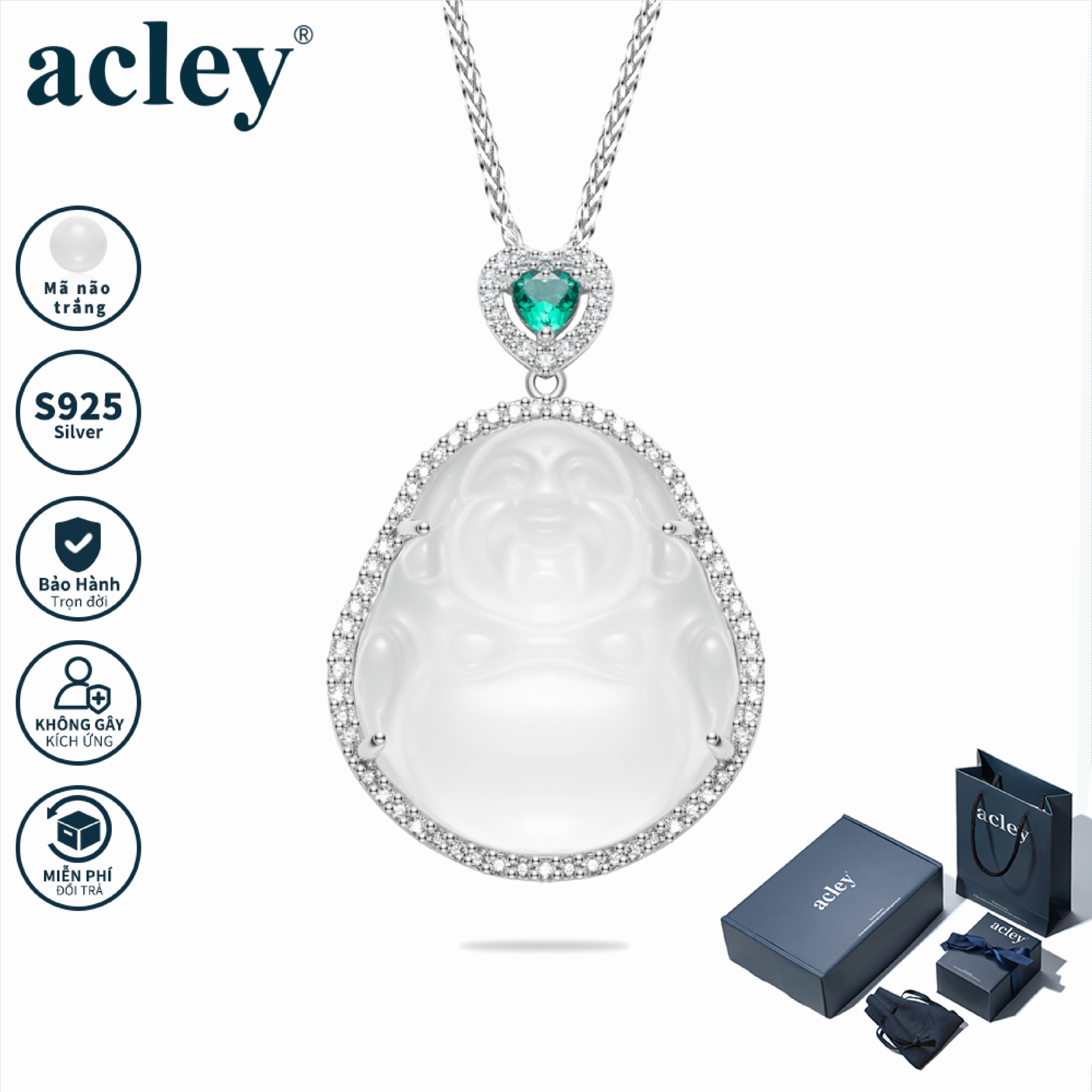 Dây chuyền Phật Di Lặc – Acley | Bạc S925 + Mã não trắng + Đá CZ Zirconia | AYX-3250S
