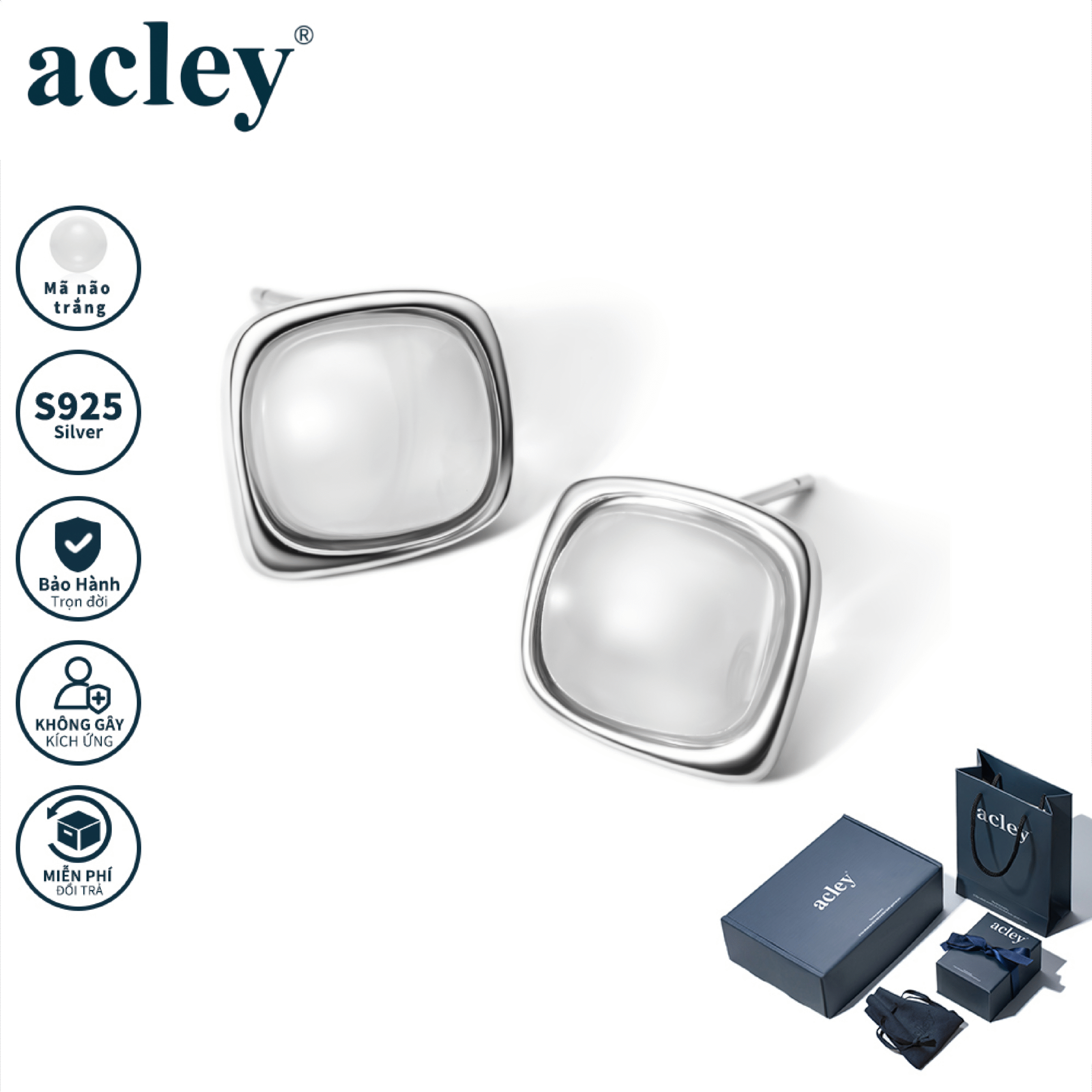 Bông tai Thanh Ngà – Acley | Bạc S925 + Mã não trắng + Đá CZ Zirconia | YG10935A0Zb