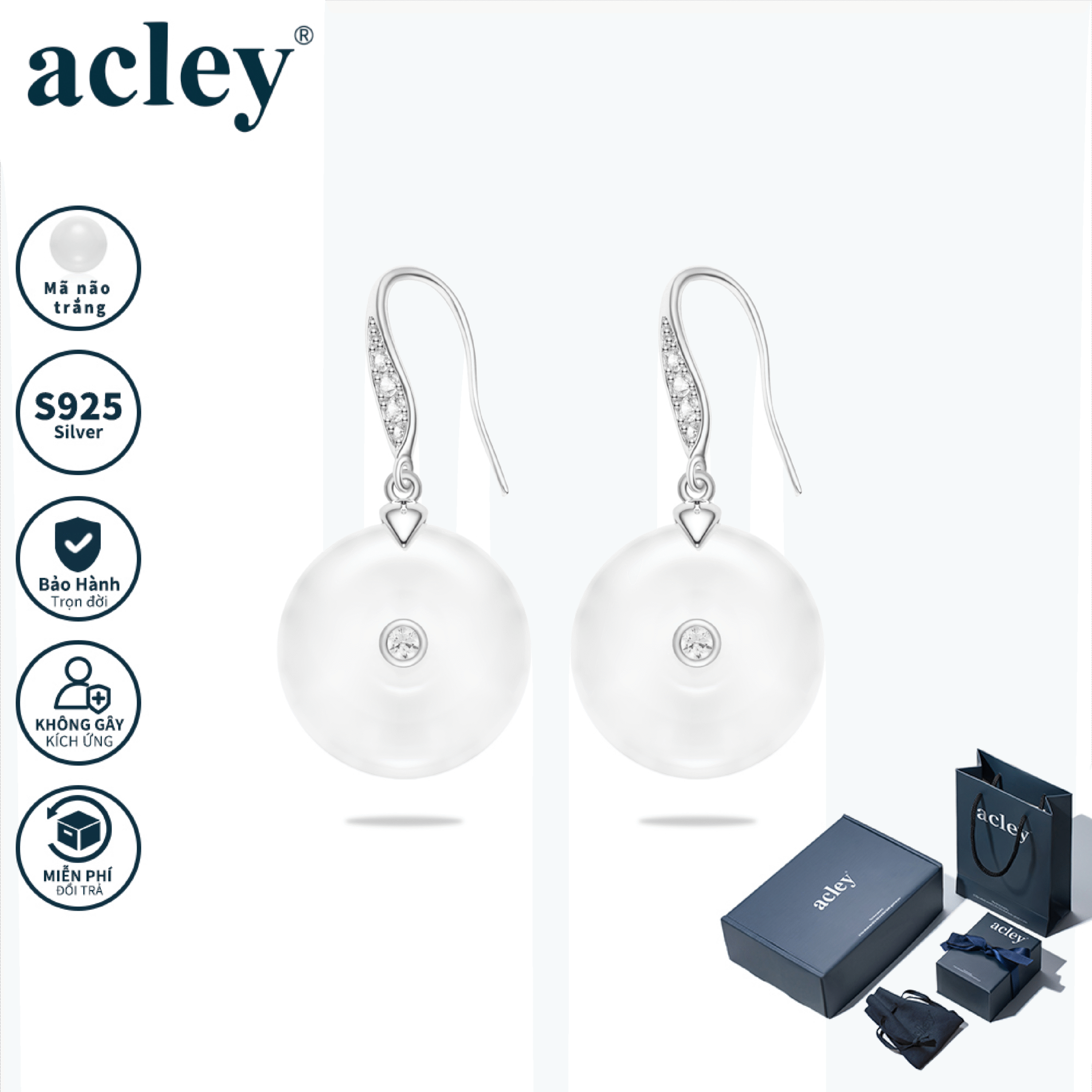 Bông tai Kim Tiền – Acley | Bạc S925 + Mã não trắng + Đá CZ Zirconia | YG11377A8Zb