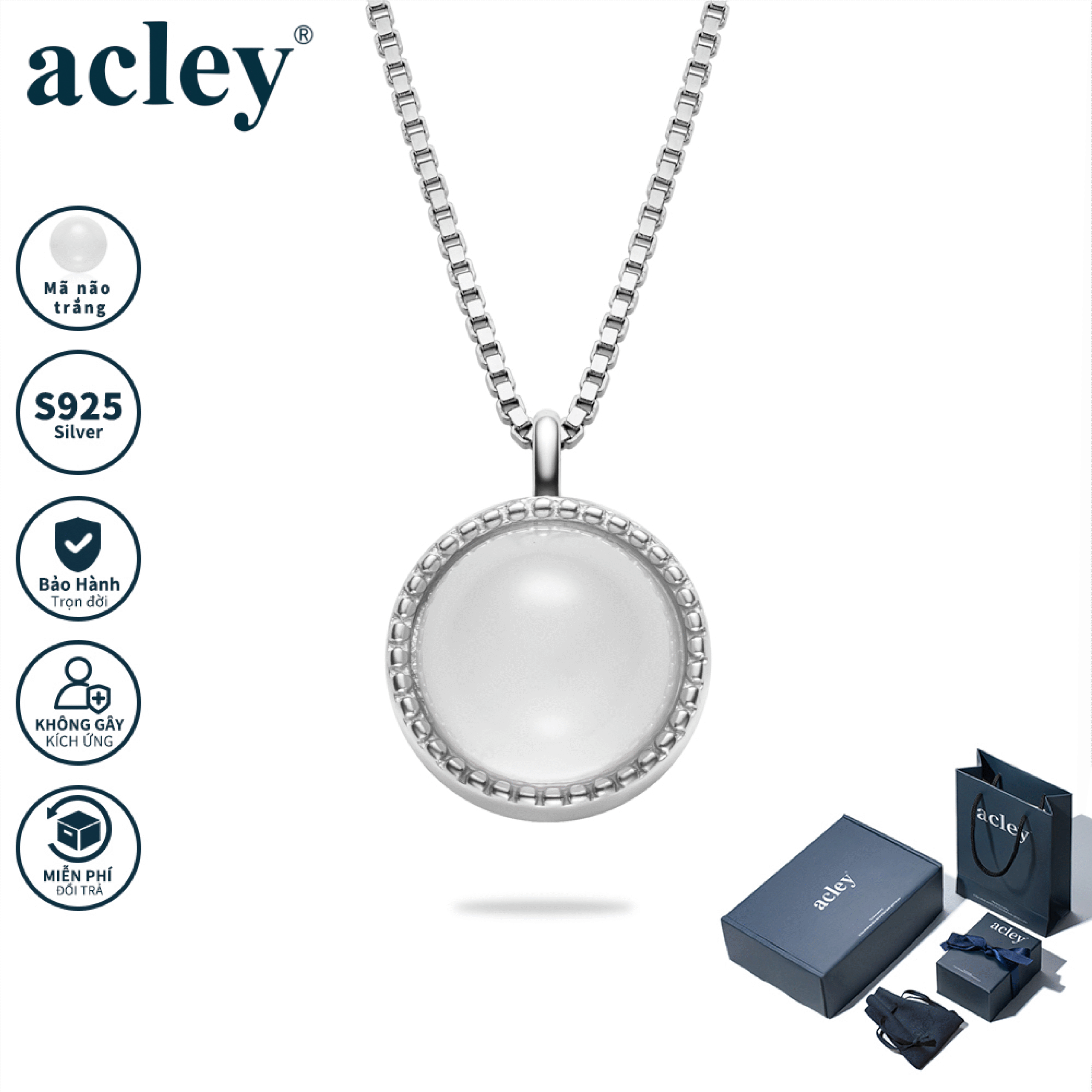 Dây chuyền Mã Não Viên Mãn – Acley | Bạc S925 + Mã não trắng | AYX-3887S