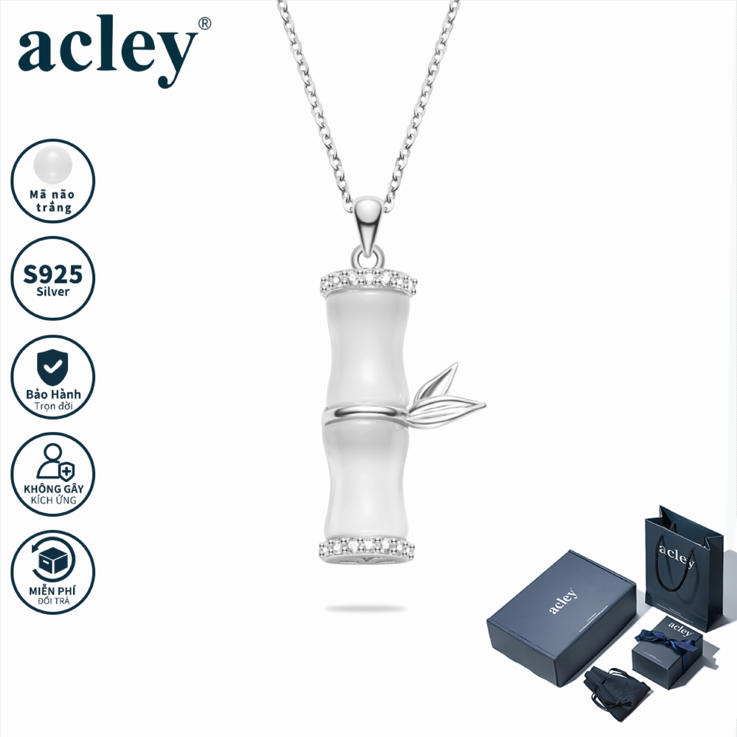 Dây chuyền Ngọc Trúc – Acley | Bạc S925 + Mã não trắng + Đá CZ Zirconia | KC-3126B