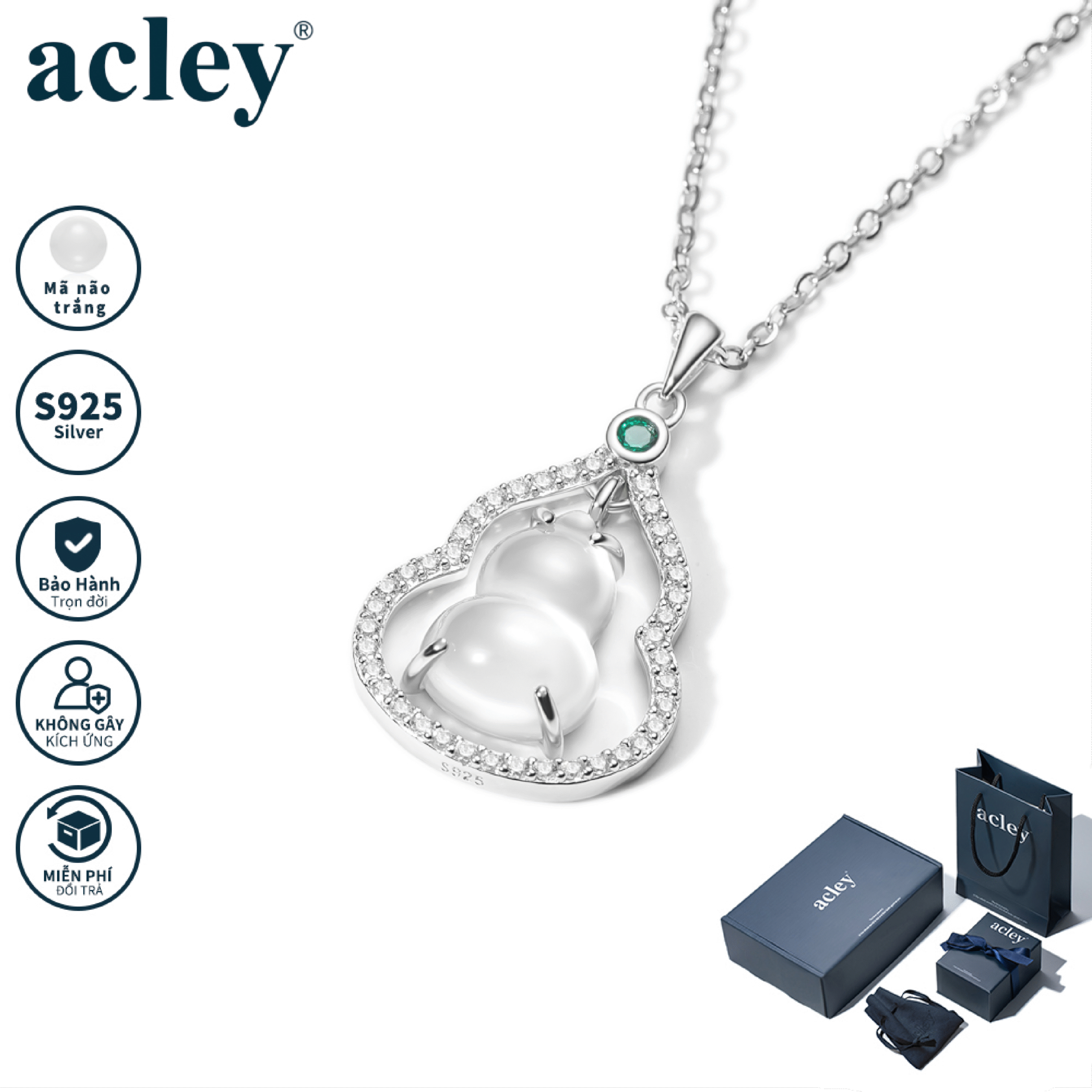 Dây chuyền Hồ Lô Vượng Tài – Acley | Bạc S925 + Mã não trắng + Đá CZ Zirconia | KC-3696B