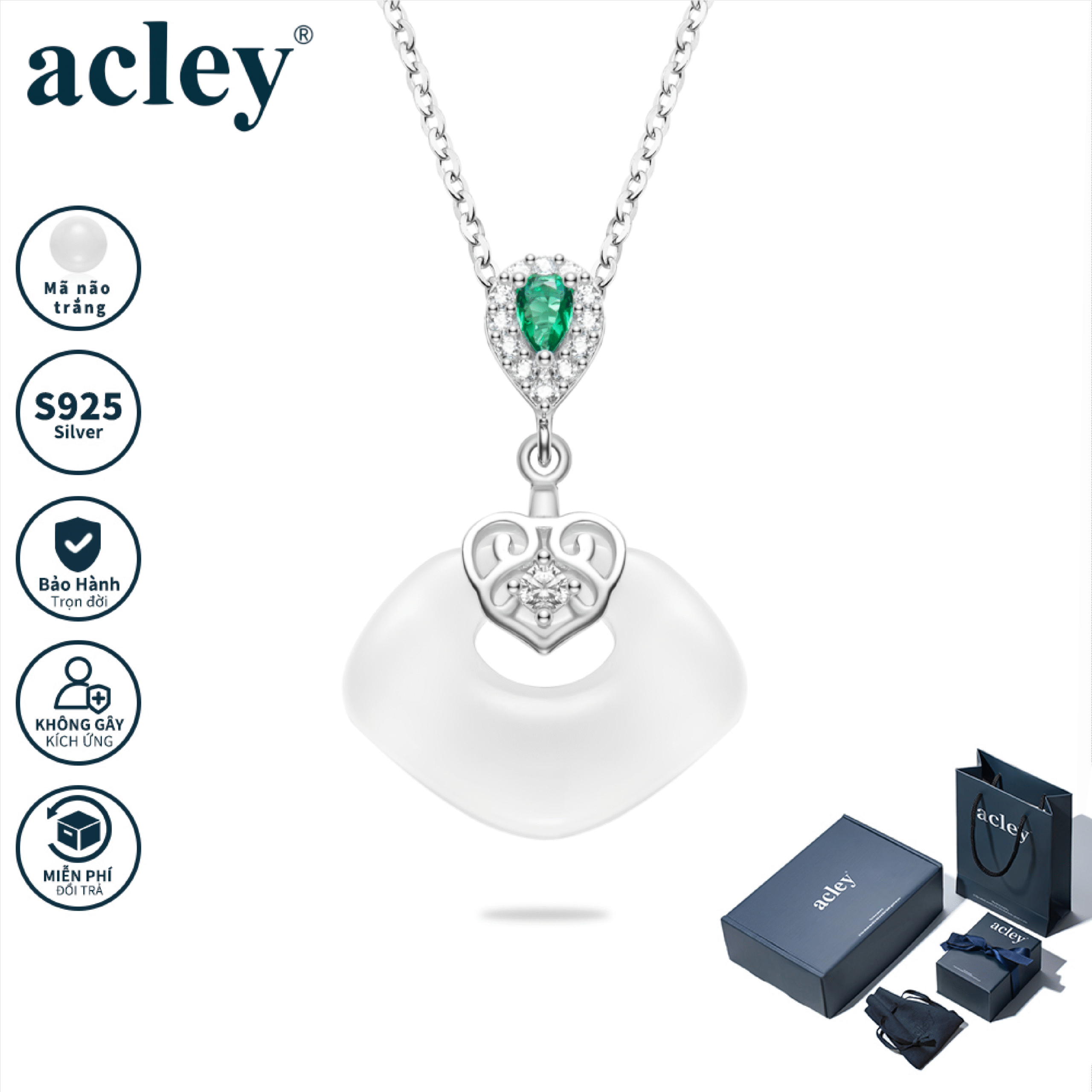 Dây chuyền Bảo Ngọc – Acley | Bạc S925 + Mã não trắng + Đá CZ Zirconia | KC-3777B