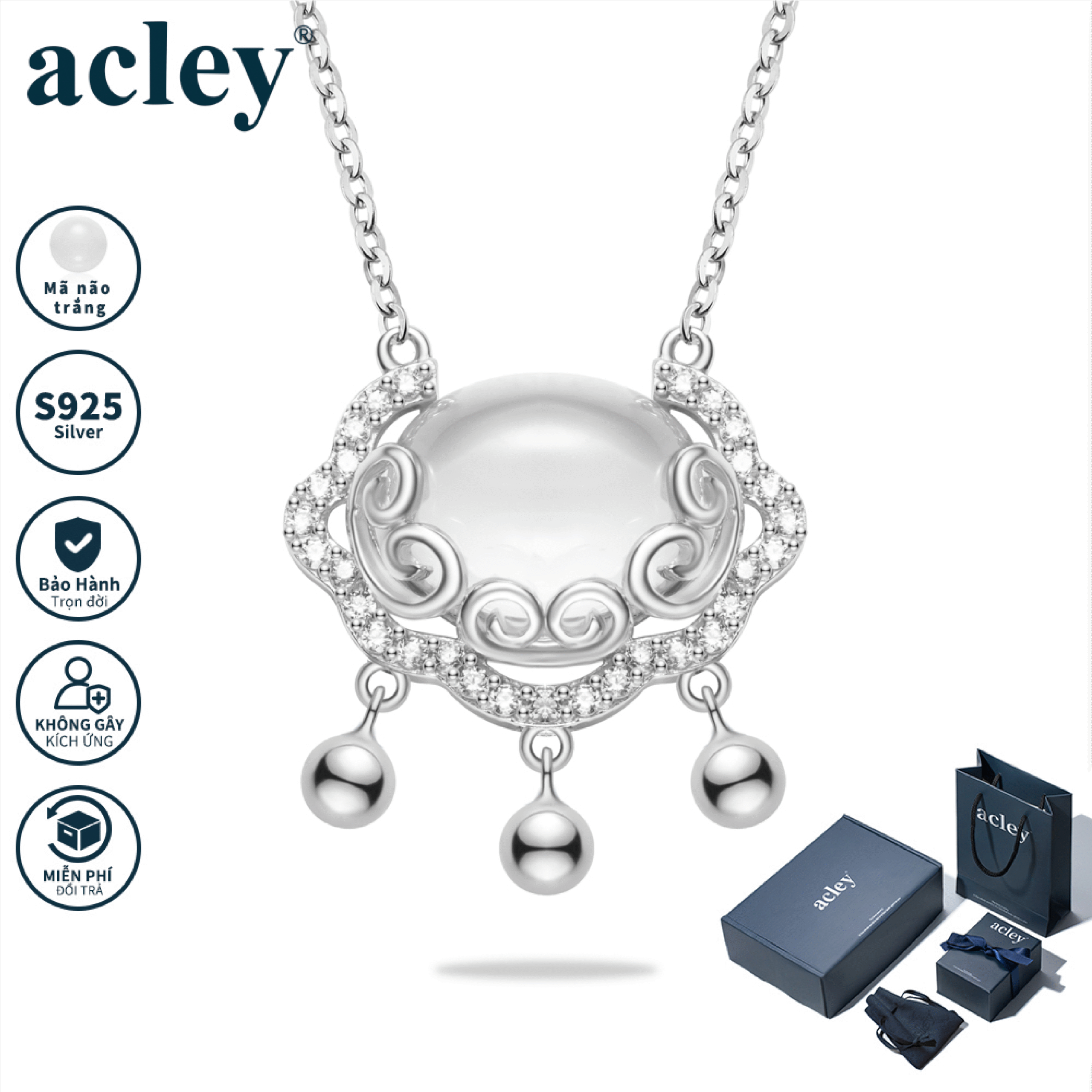 Dây chuyền Vân Nguyệt – Acley | Bạc S925 + Mã não trắng + Đá CZ Zirconia | KD-1581D