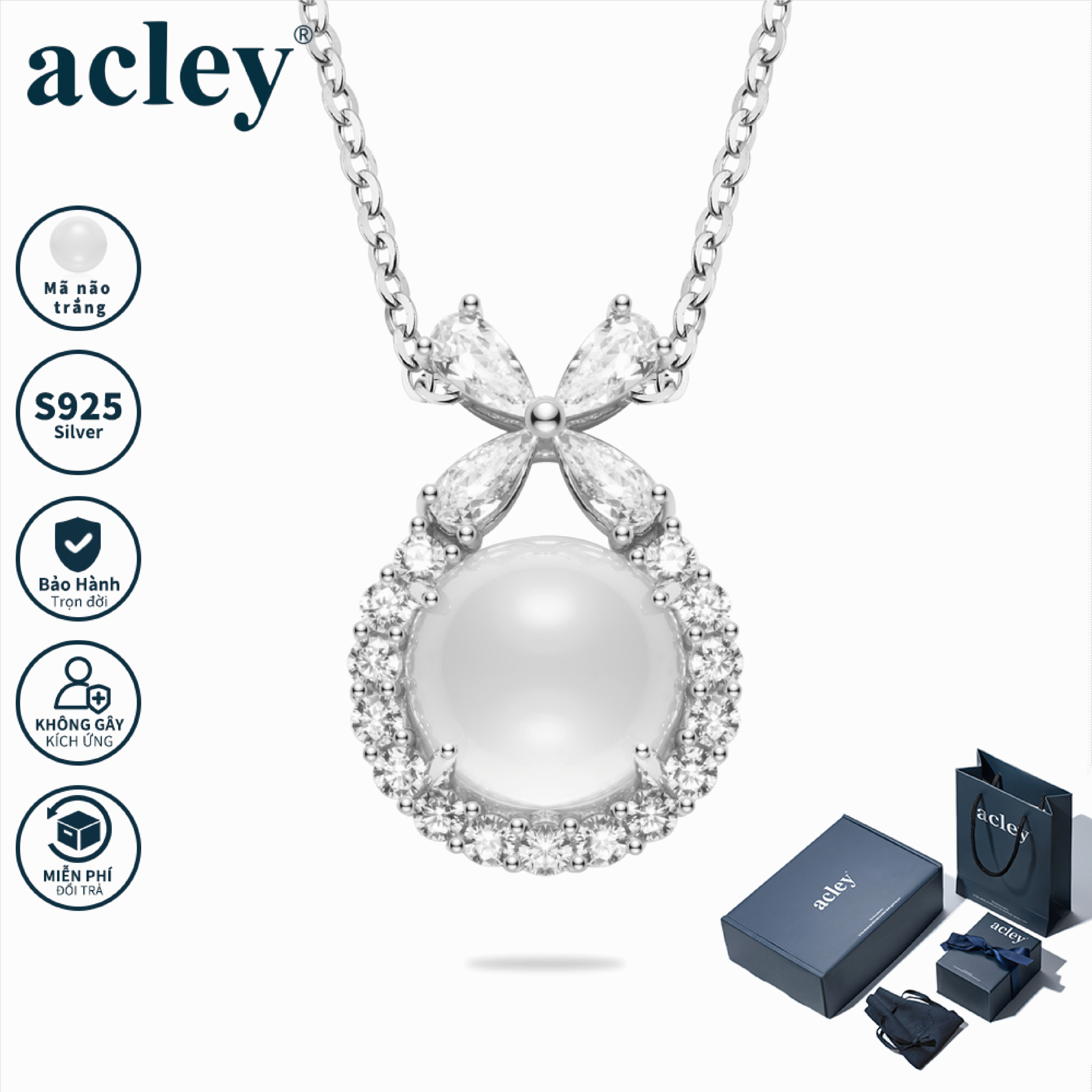 Dây chuyền Tử Đinh Hương – Acley | Bạc S925 + Mã não trắng + Đá CZ Zirconia | YD1-0036B