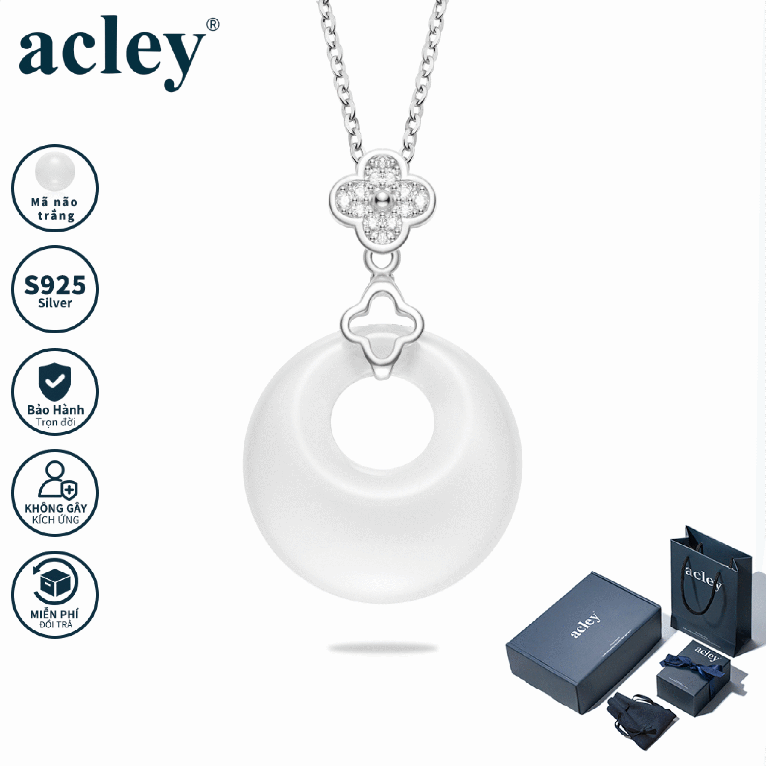 Dây chuyền Sắc Hoa Trăng Thanh – Acley | Bạc S925 + Mã não trắng + Đá CZ Zirconia | AXY-3670S